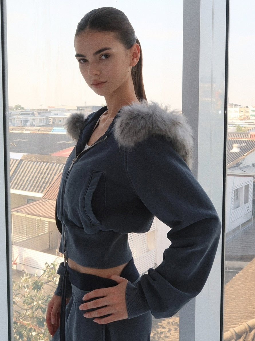 kvkv 100 Percent Cotton Oversized Zip Hooded Short Women Sporty Navy Hoodies