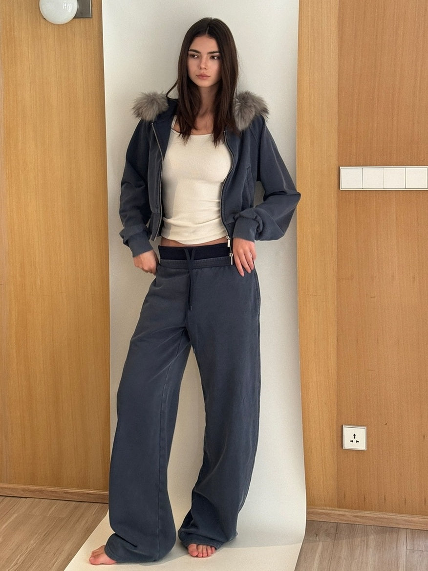 kvkv 100 Percent Cotton Oversized Zip Hooded Short Women Sporty Navy Hoodies