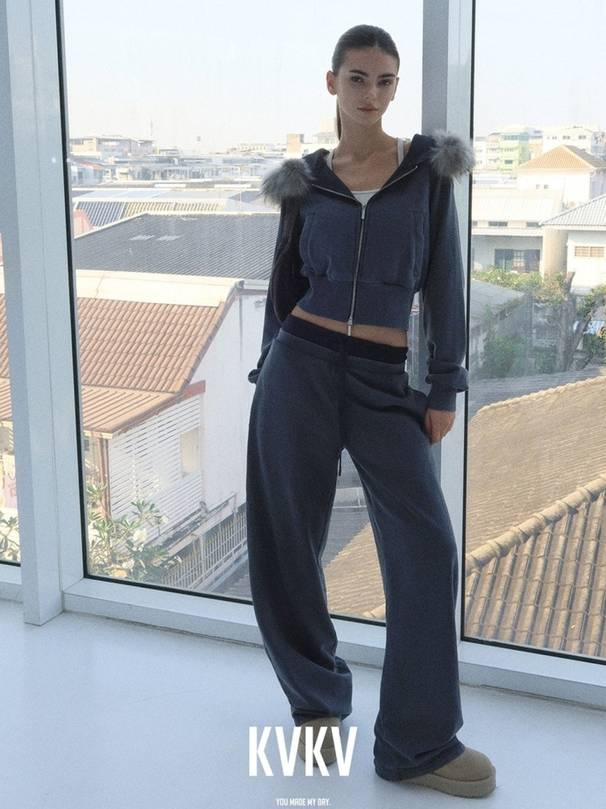 kvkv 100 Percent Cotton Oversized Zip Hooded Short Women Sporty Navy Hoodies