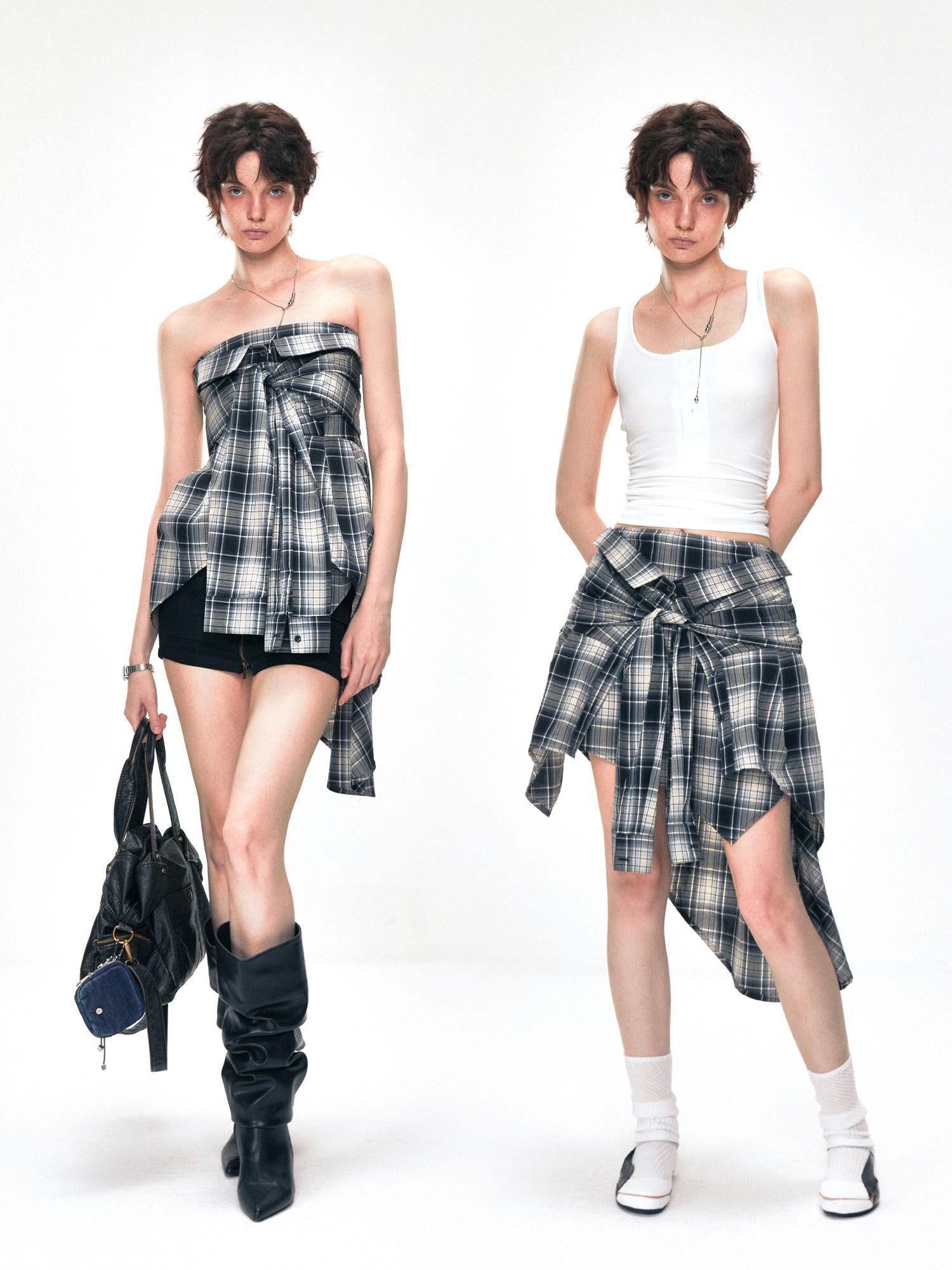 kvkv American Retro Two Way Plaid Faux Two Piece Layered Women&