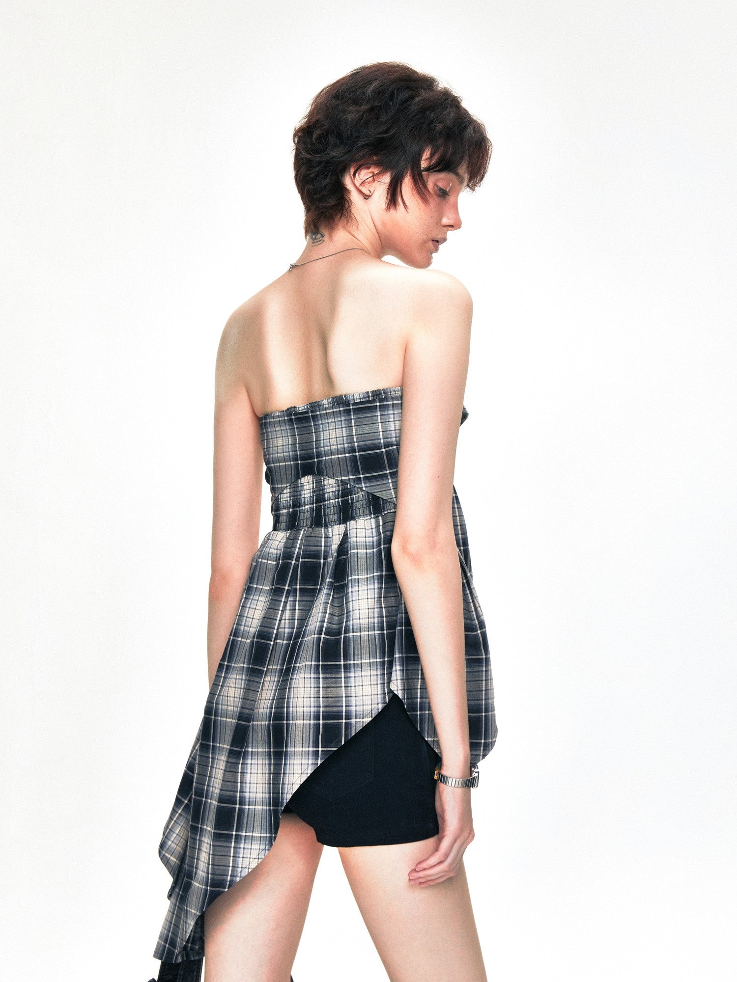 kvkv American Retro Two Way Plaid Faux Two Piece Layered Women&