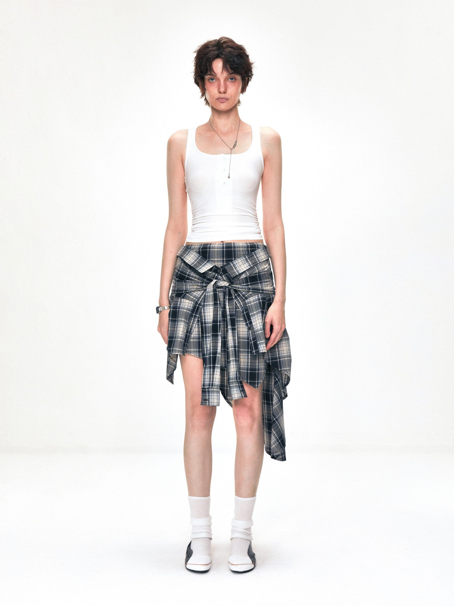 kvkv American Retro Two Way Plaid Faux Two Piece Layered Women&