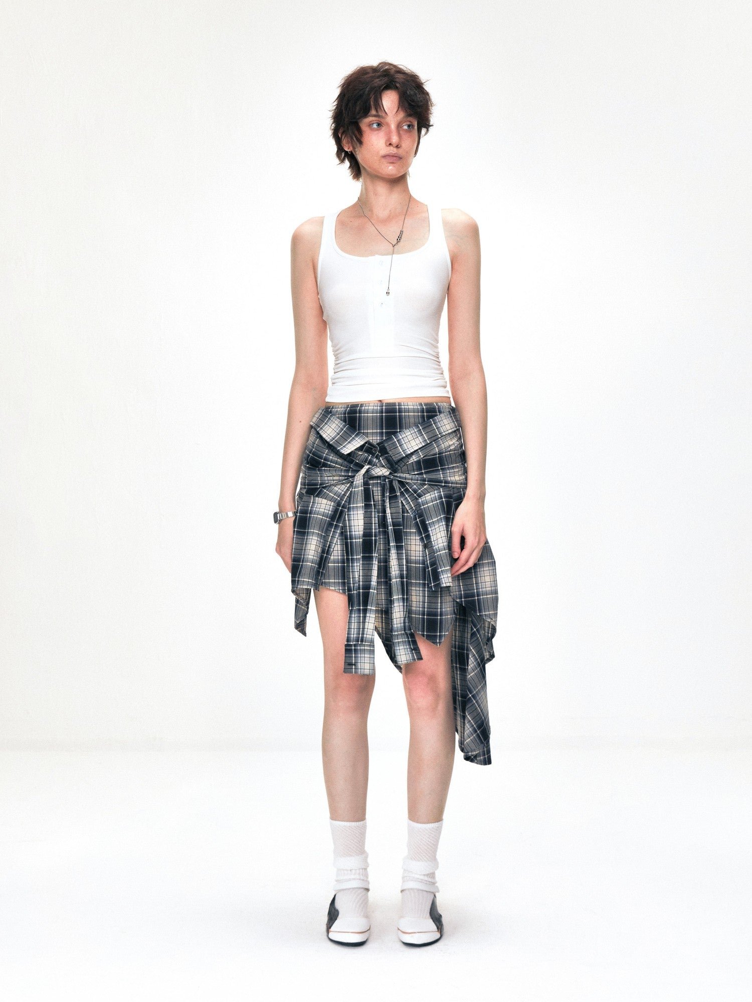 kvkv American Retro Two Way Plaid Faux Two Piece Layered Women&
