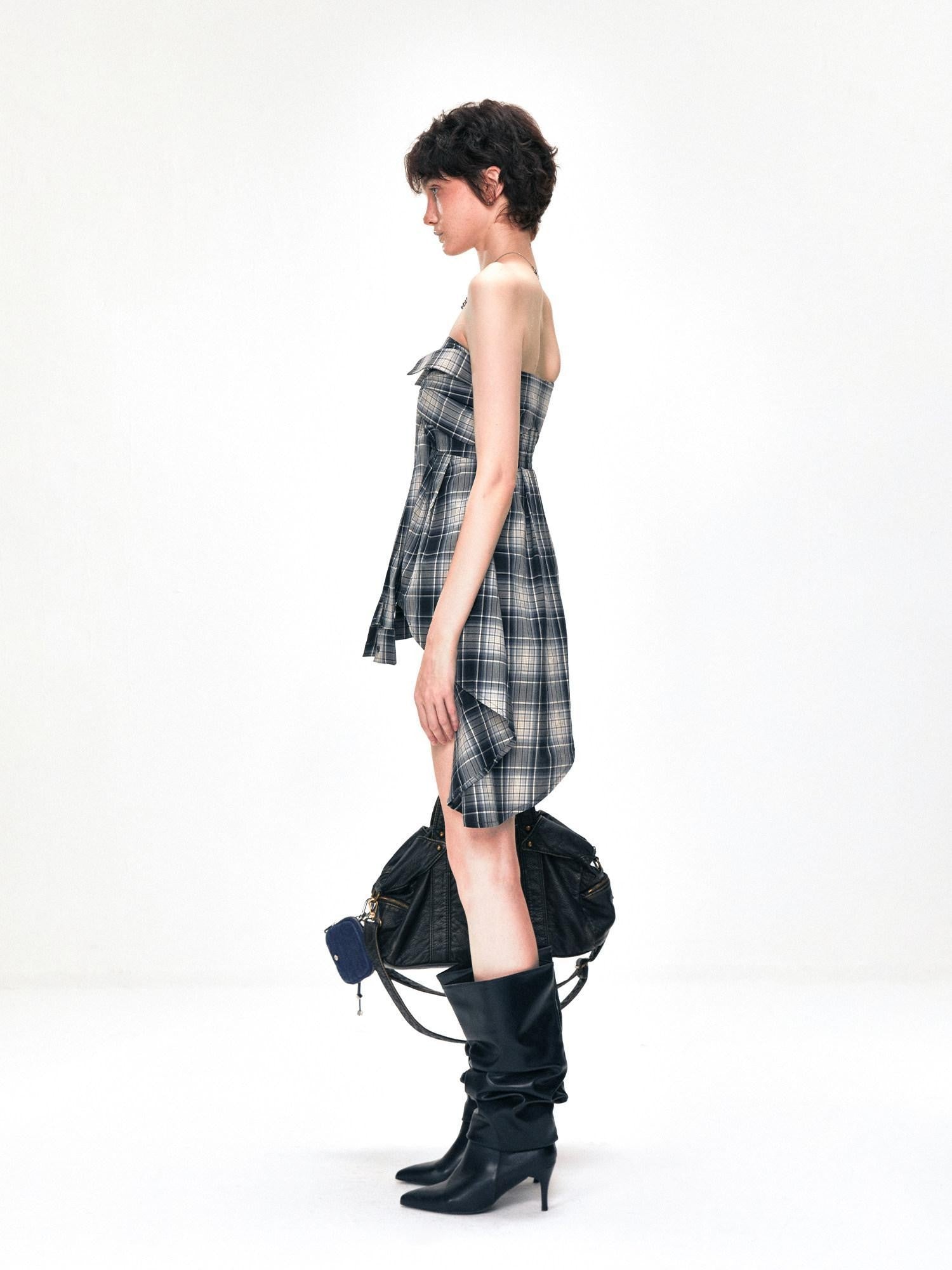 kvkv American Retro Two Way Plaid Faux Two Piece Layered Women&