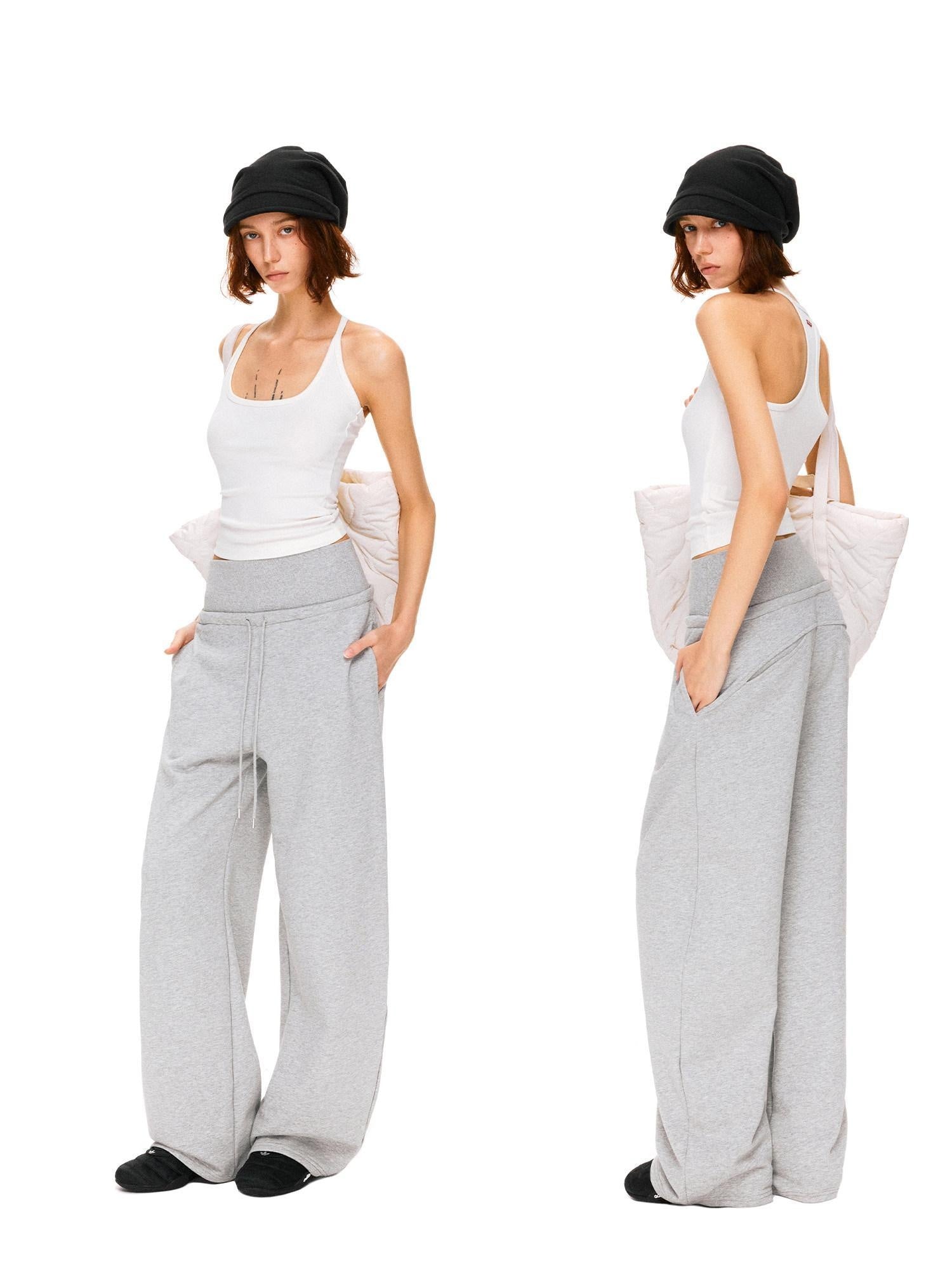 kvkv Asymmetric 100 Percent Cotton Wide Leg Loose Natural Waist Gray Versatile Pants