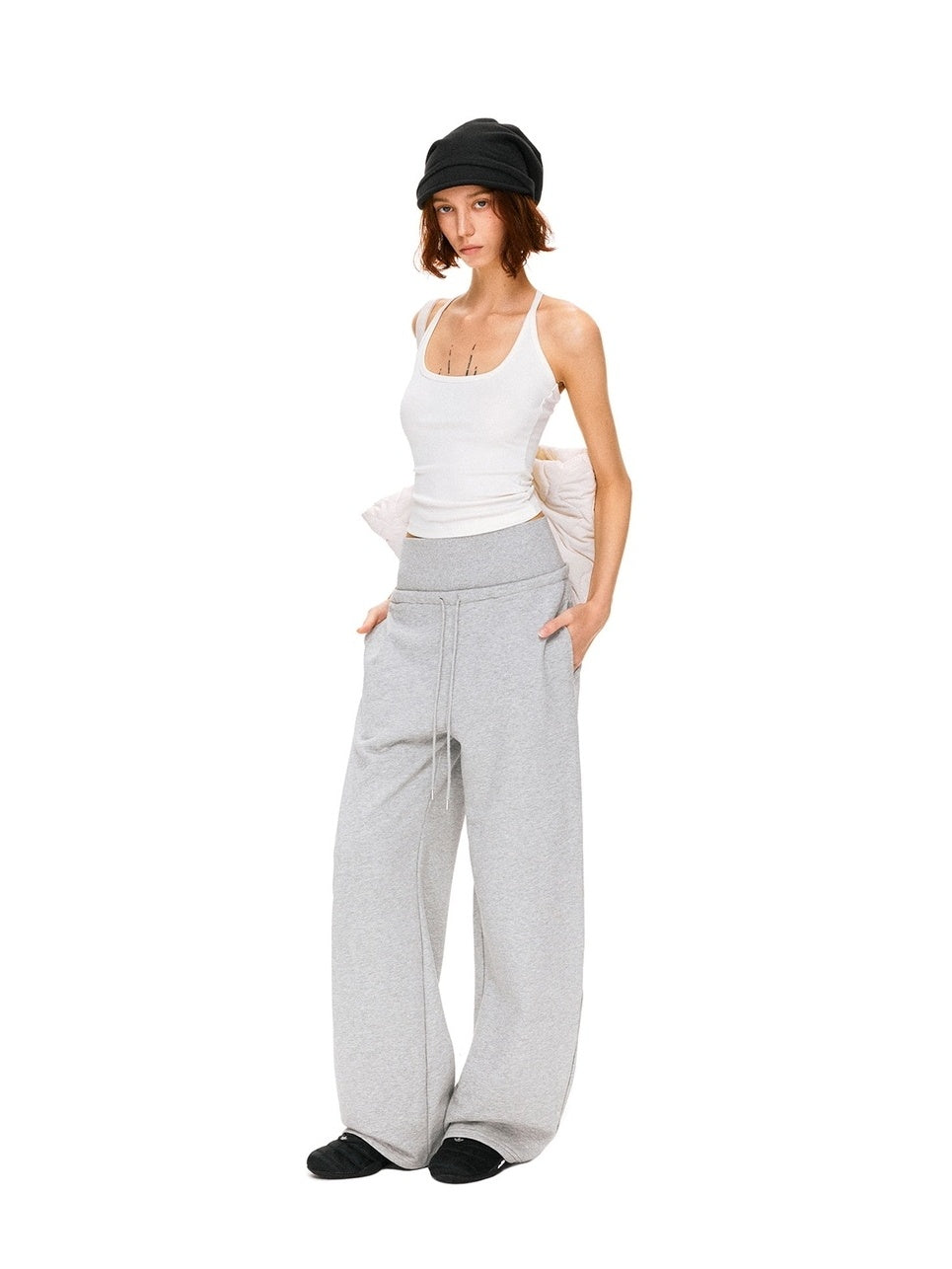 kvkv Asymmetric 100 Percent Cotton Wide Leg Loose Natural Waist Gray Versatile Pants