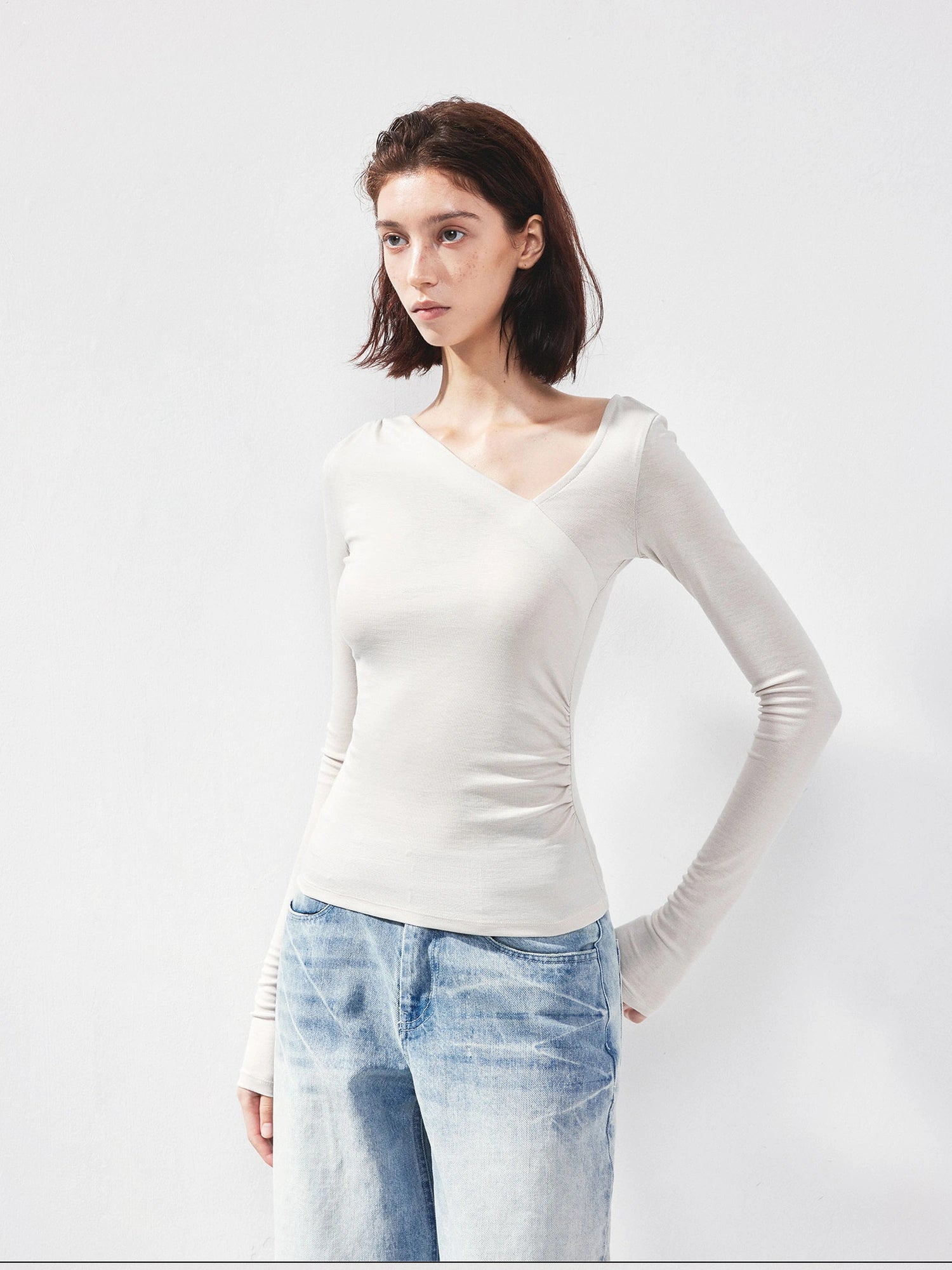 kvkv Asymmetric Slash Neck Fitted Long Sleeve Top