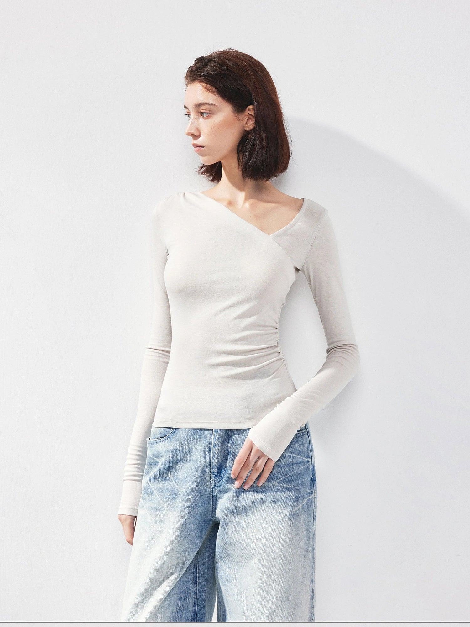 kvkv Asymmetric Slash Neck Fitted Long Sleeve Top