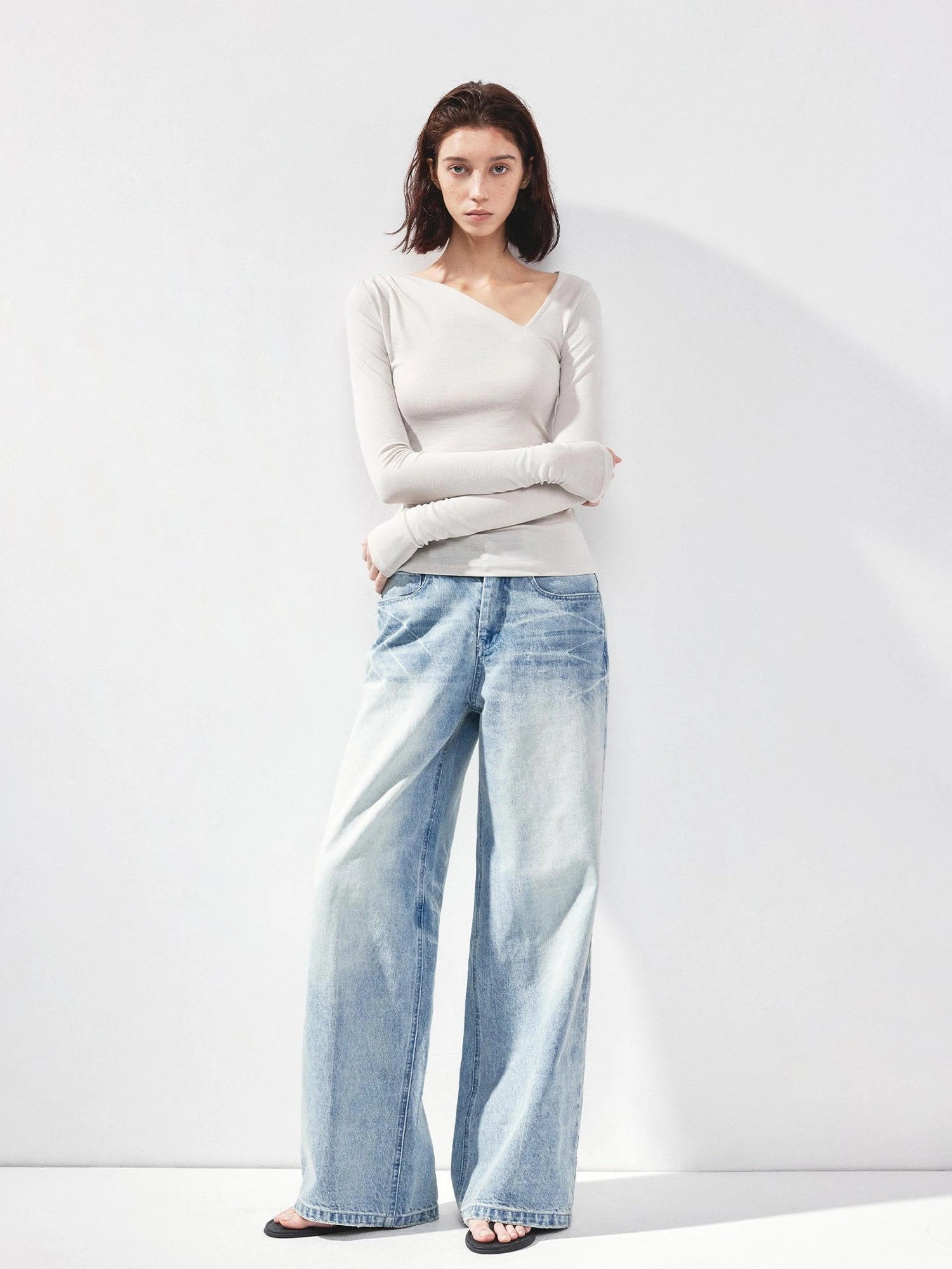 kvkv Asymmetric Slash Neck Fitted Long Sleeve Top