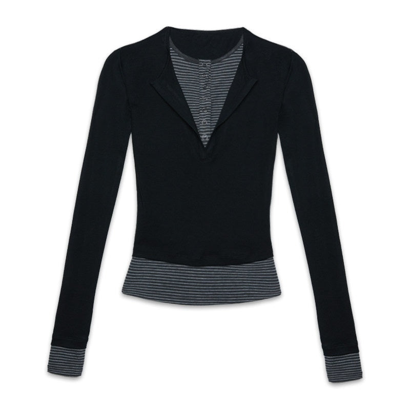 kvkv_Black_Contrast_Striped_Faux_Two_Piece_Women&