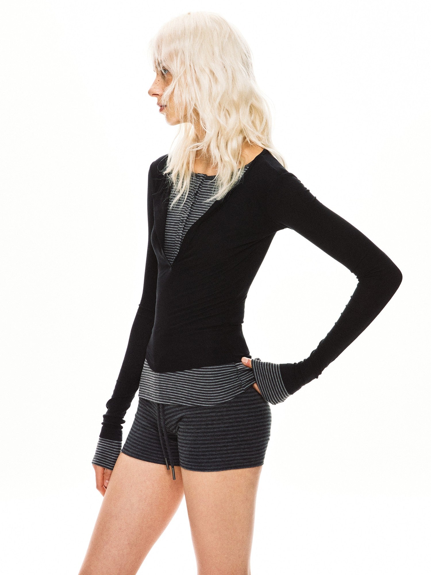 kvkv Black Contrast Striped Faux Two Piece Women&