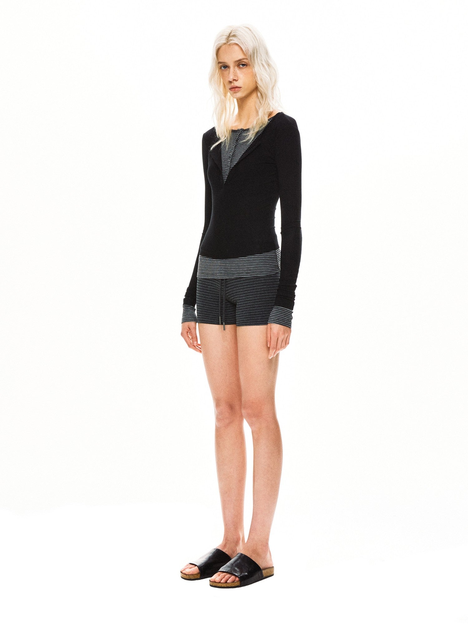 kvkv Black Contrast Striped Faux Two Piece Women&