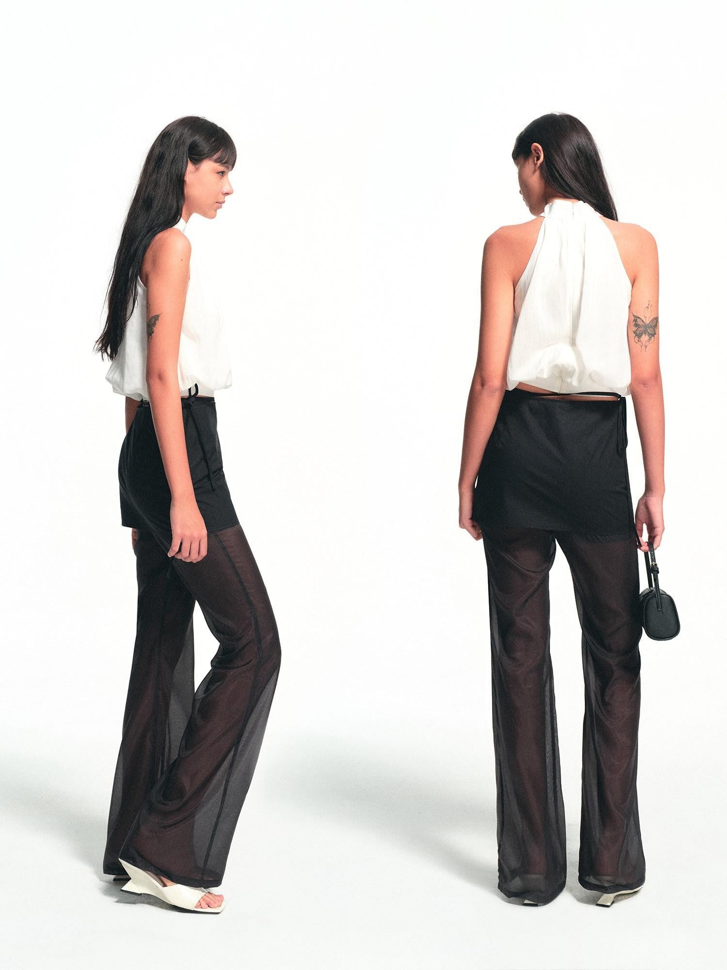 kvkv Black Detachable Tie Skirt Panel Sheer Women&