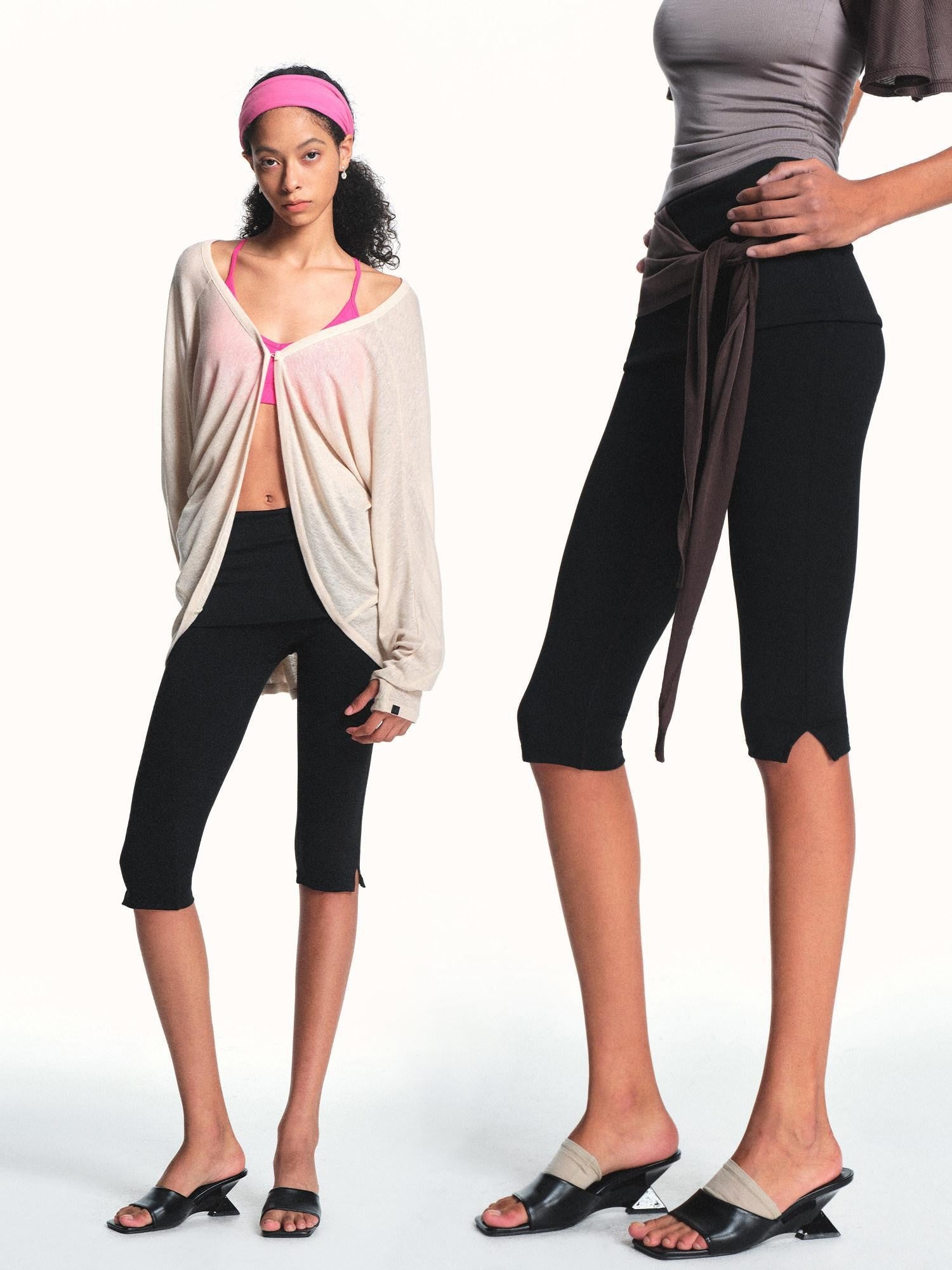 kvkv Black Side Slit Foldover Waist Fitted Capri Women&