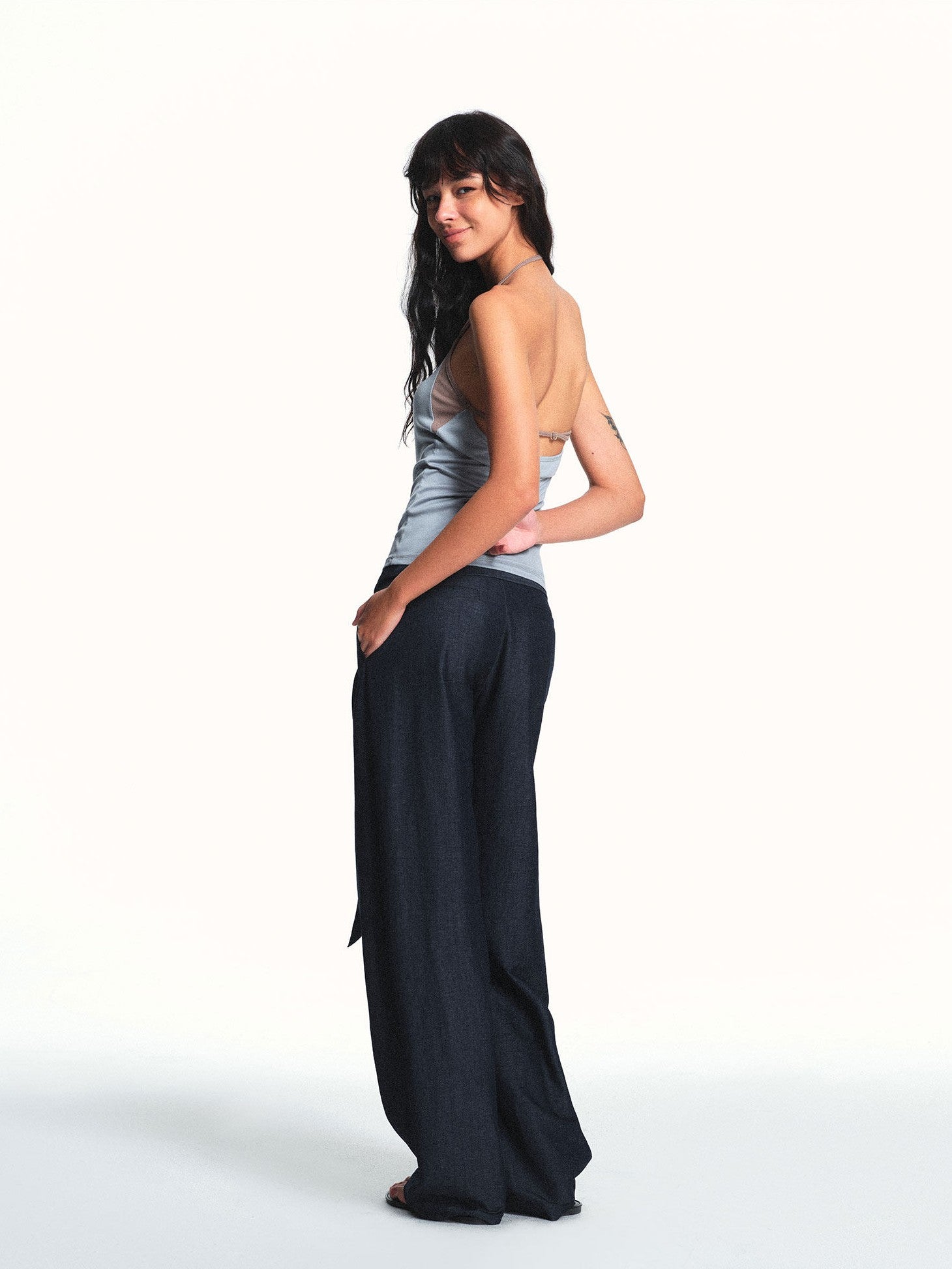 kvkv Blue Gray Colorblock Adjustable Halter Slightly Loose Women&