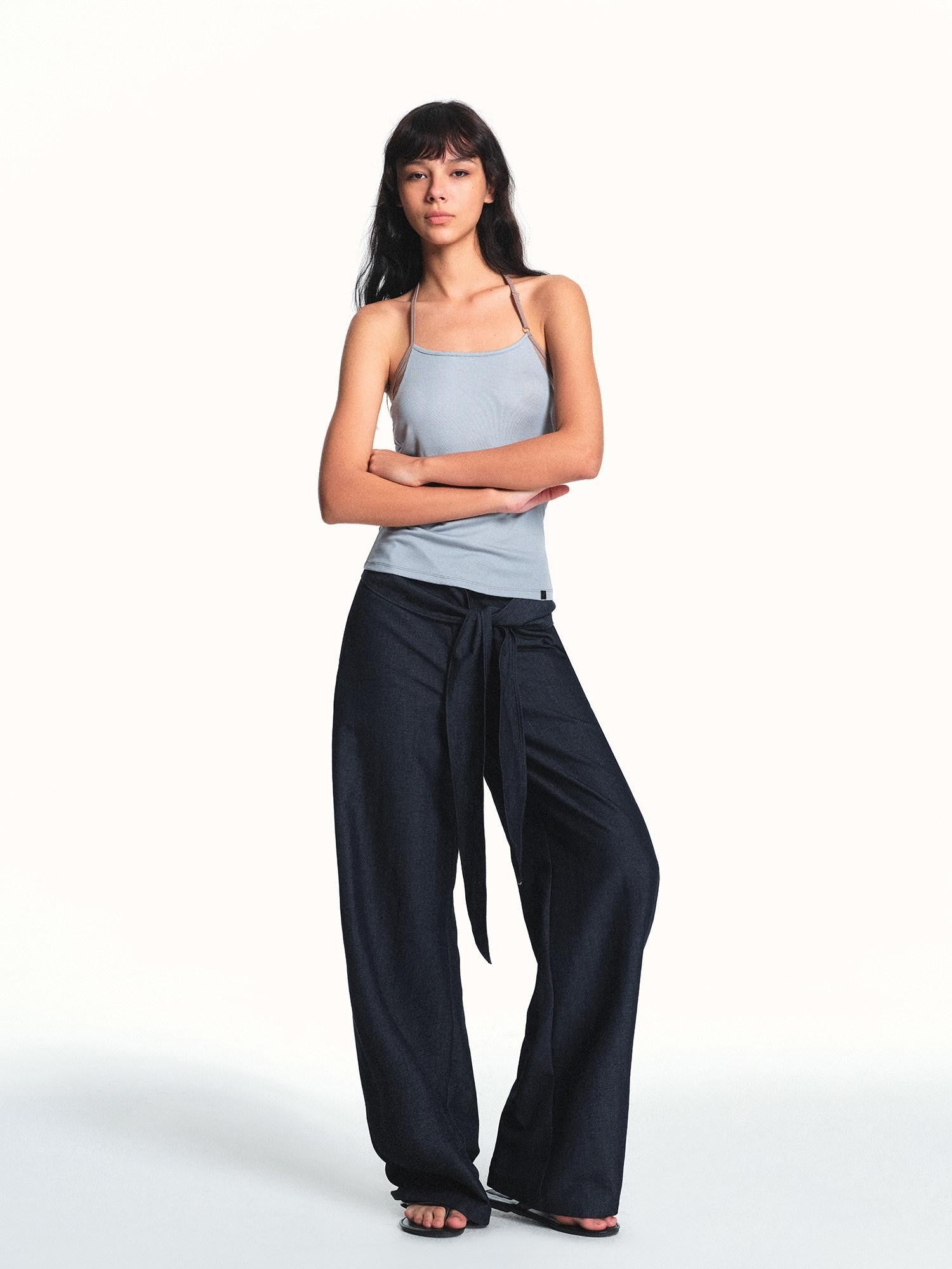 kvkv Blue Gray Colorblock Adjustable Halter Slightly Loose Women&