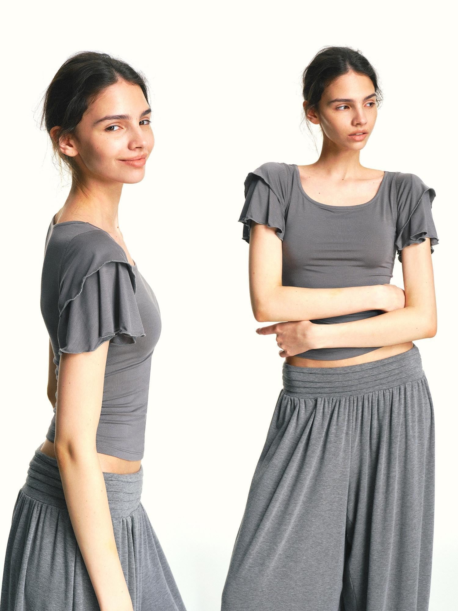kvkv Blue Gray Double Layer Knit Flutter Sleeve Women&