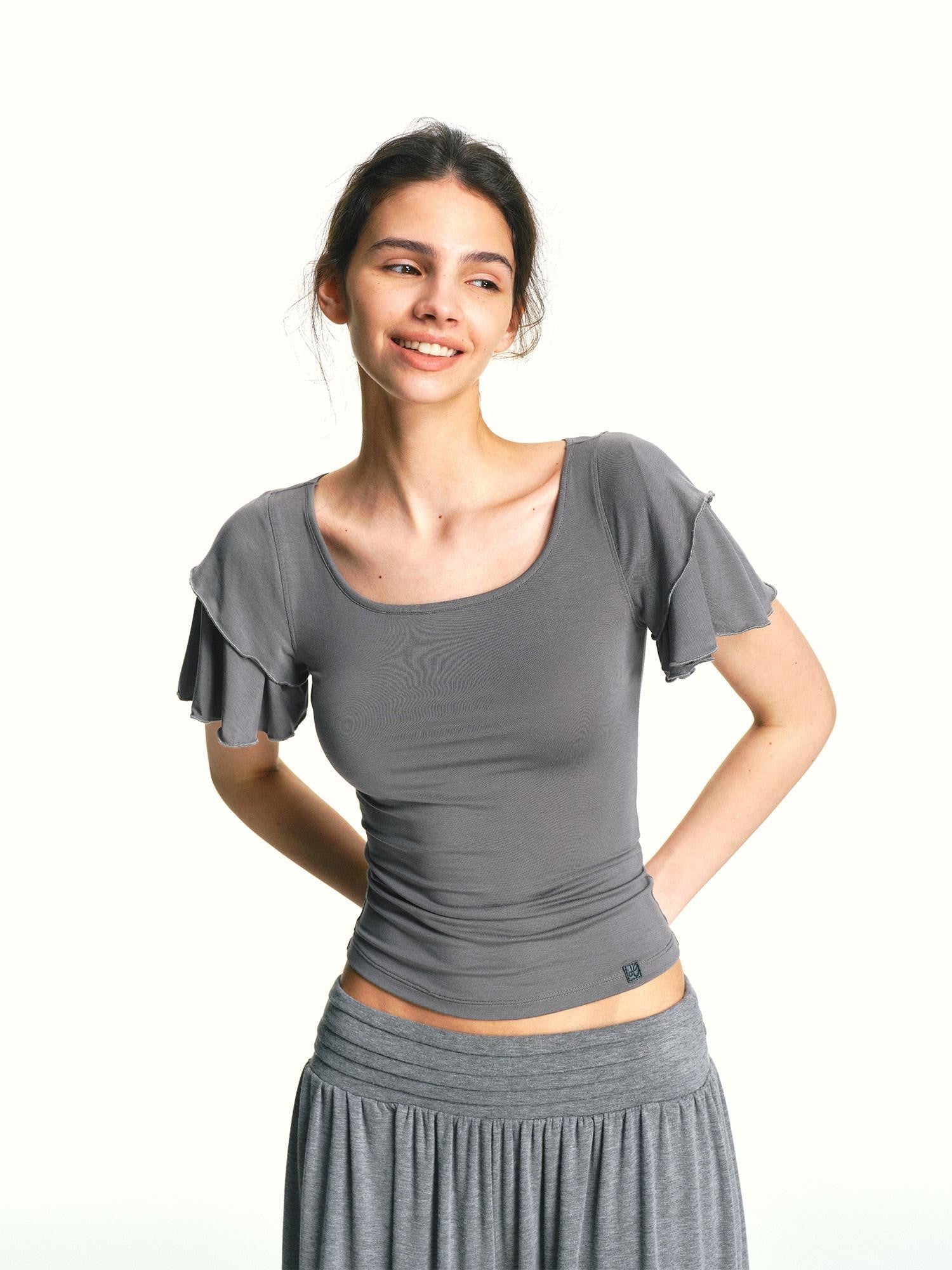 kvkv Blue Gray Double Layer Knit Flutter Sleeve Women&