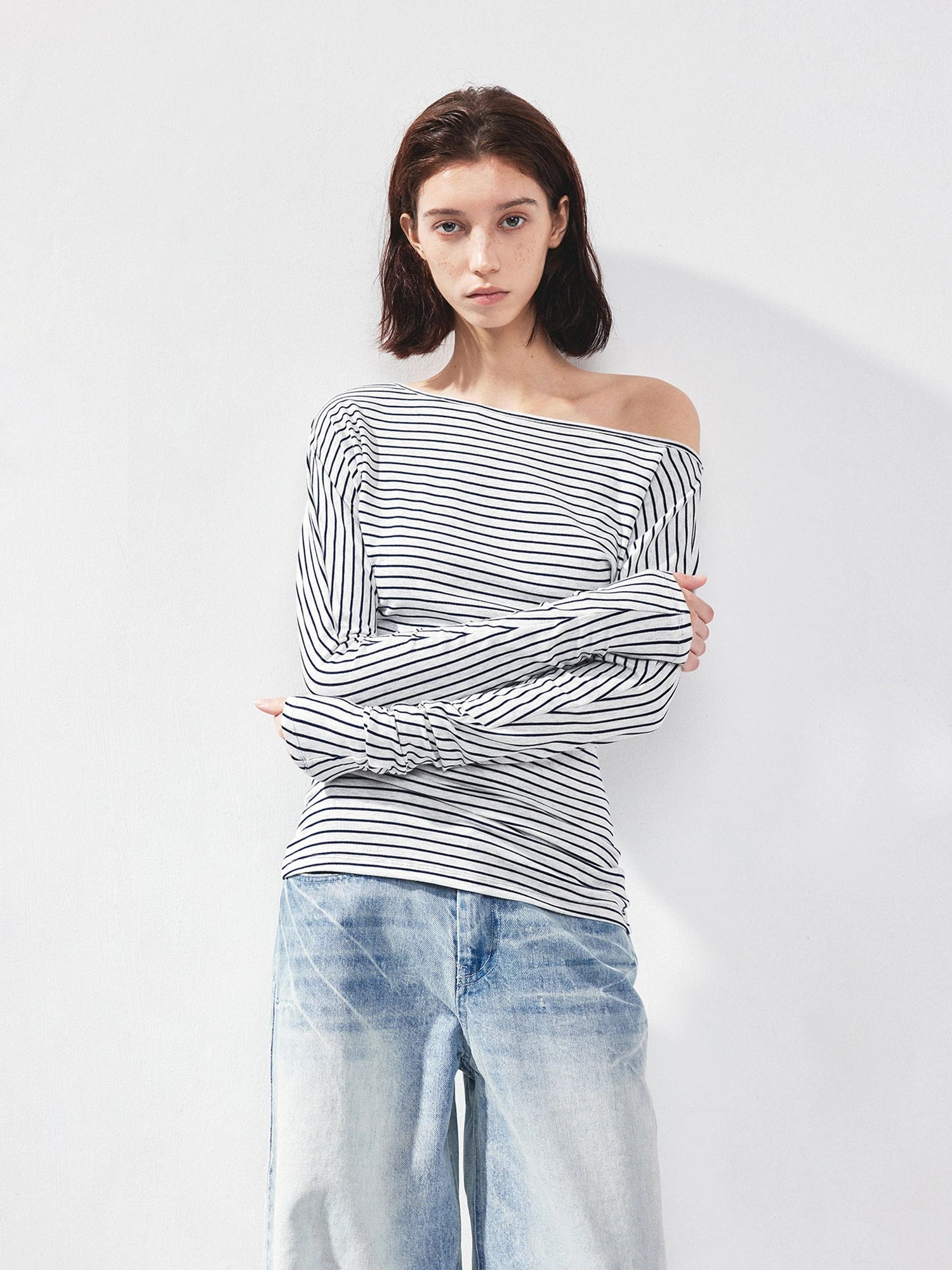 kvkv Blue White Striped Fitted Boatneck Top
