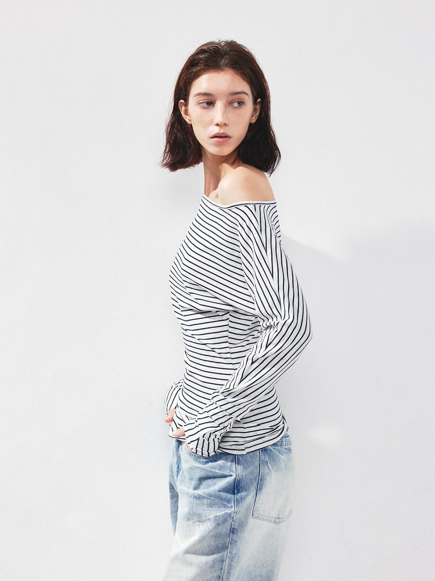 kvkv Blue White Striped Fitted Boatneck Top