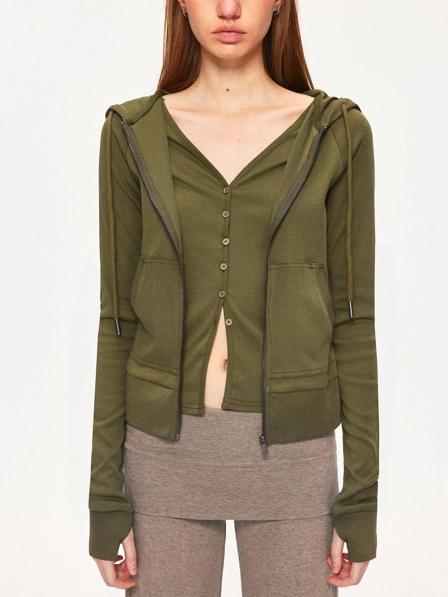 kvkv Breathable Cotton Blend Zip Front Cropped Athletic Unisex Olive Hoodies