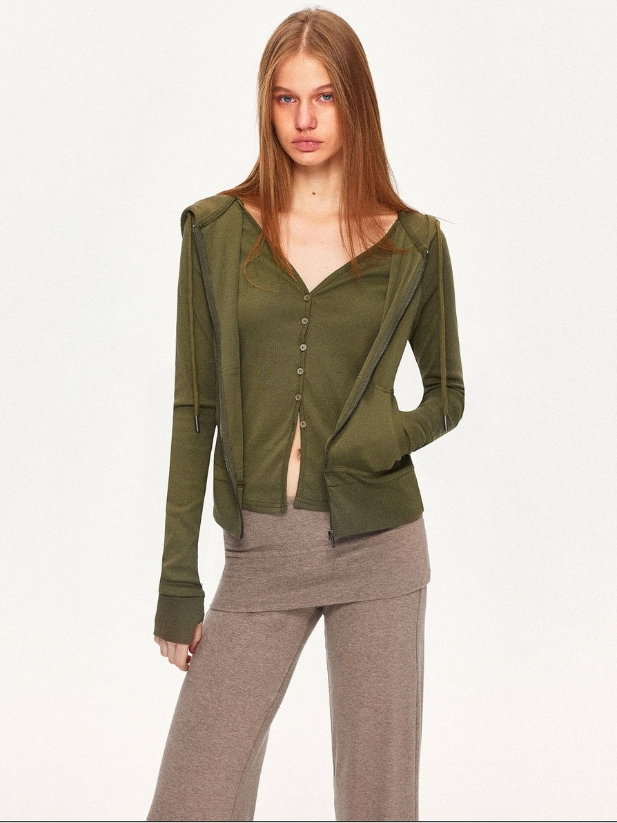 kvkv Breathable Cotton Blend Zip Front Cropped Athletic Unisex Olive Hoodies