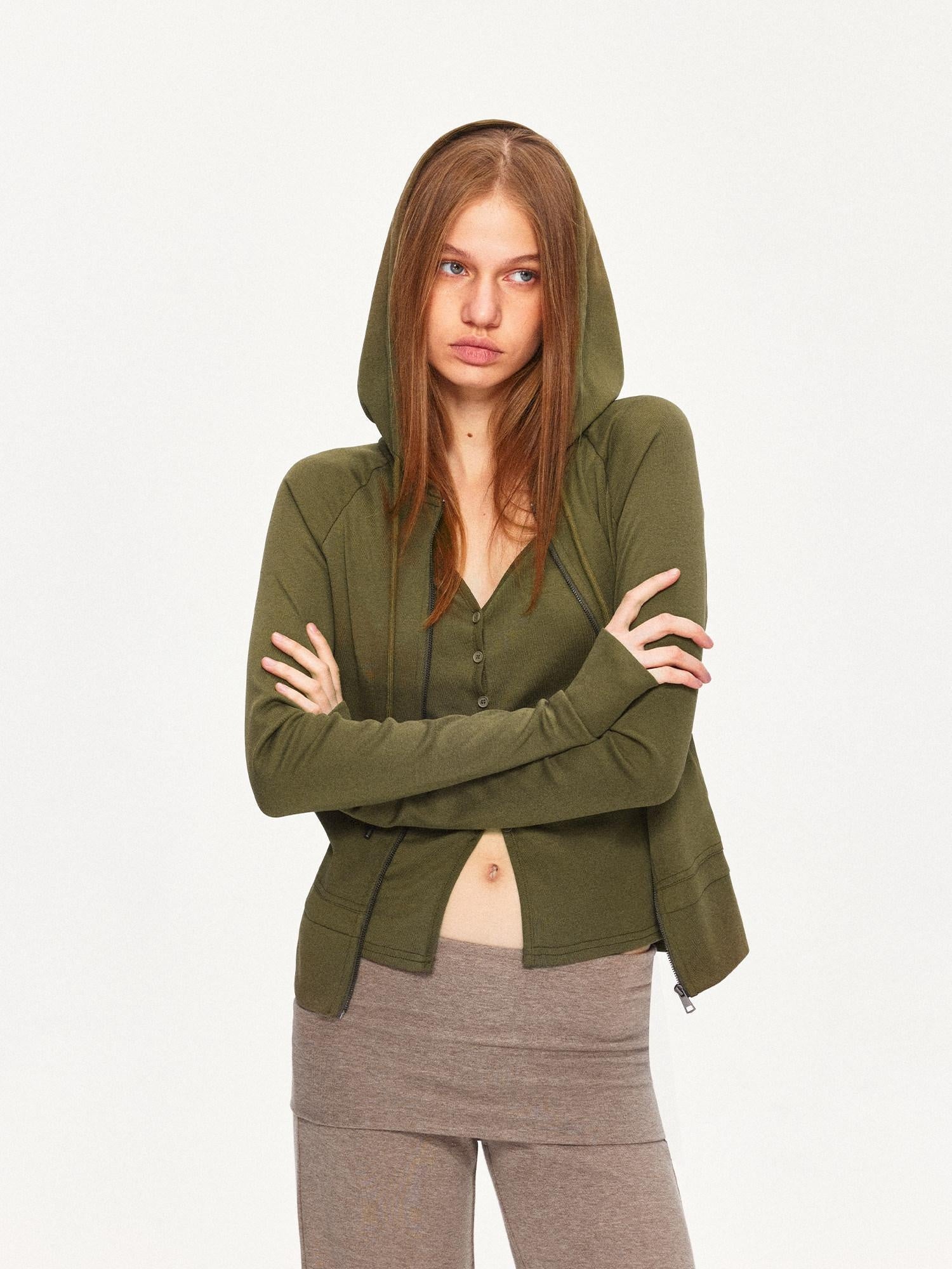 kvkv Breathable Cotton Blend Zip Front Cropped Athletic Unisex Olive Hoodies