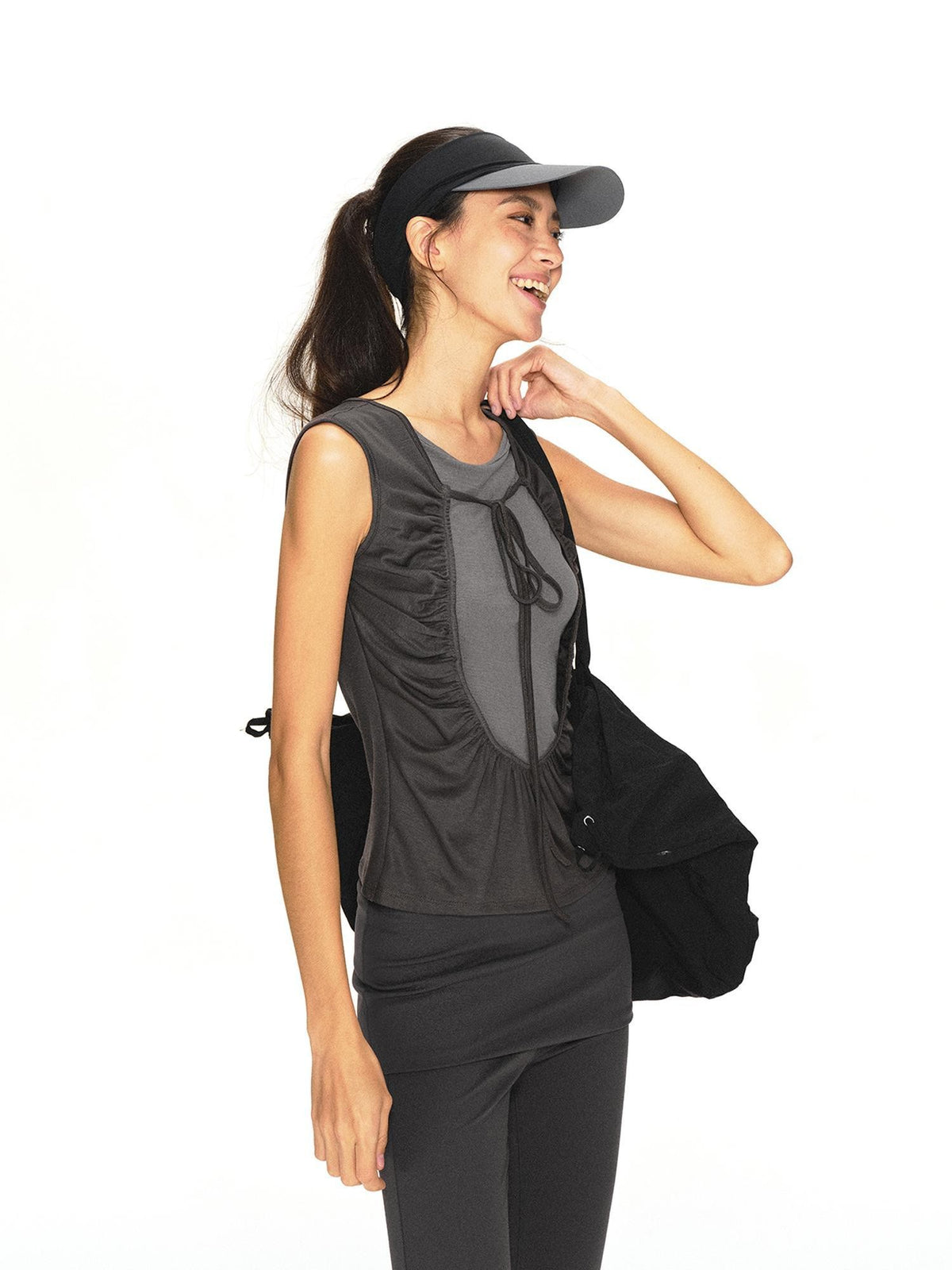 kvkv Breathable Dark Grey Colorblock Ruched Lace Up Women&