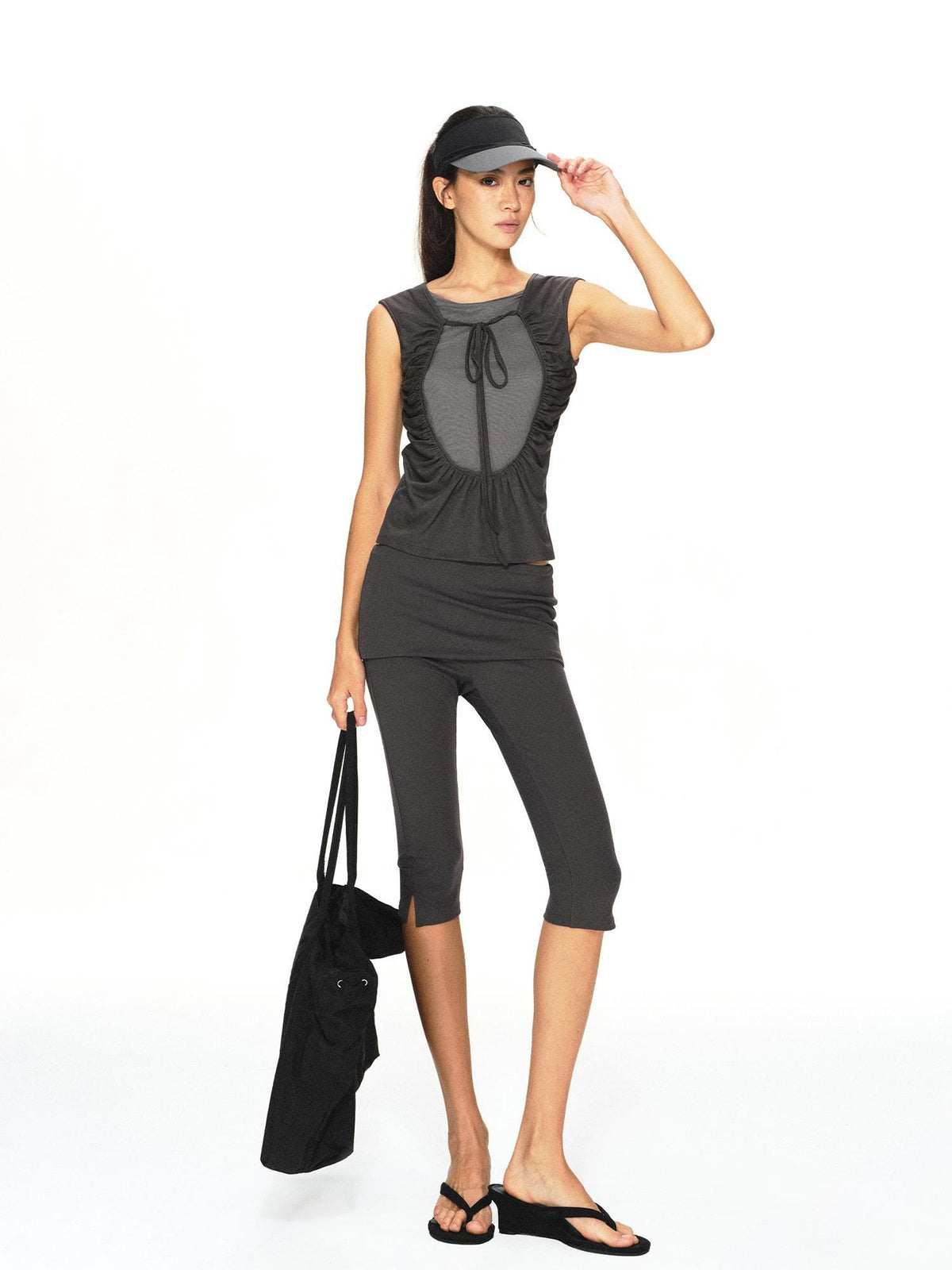 kvkv Breathable Dark Grey Colorblock Ruched Lace Up Women&