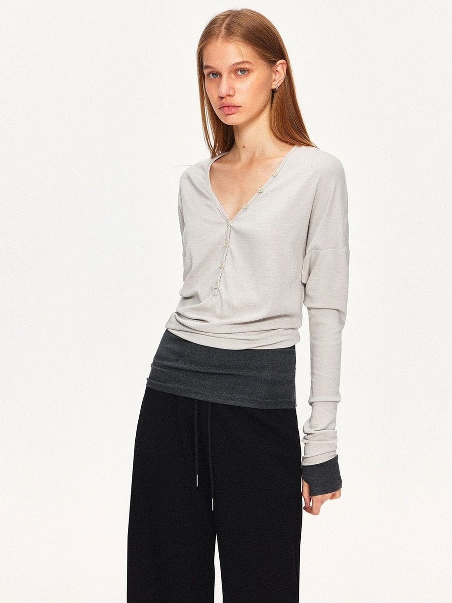 kvkv Breathable V Neck Patchwork Sport Long Sleeve Standard Fit Light Gray T-Shirt