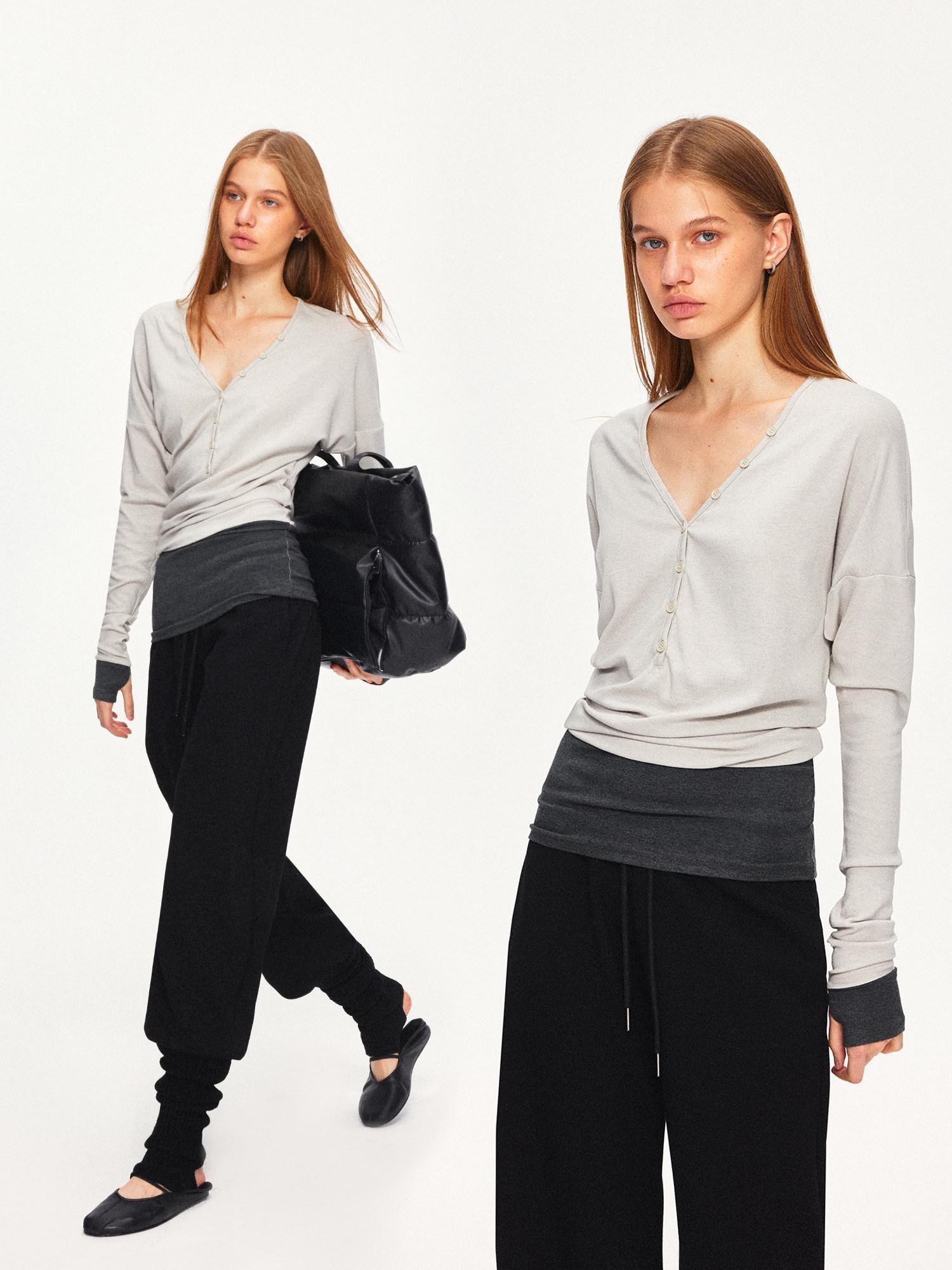 kvkv Breathable V Neck Patchwork Sport Long Sleeve Standard Fit Light Gray T-Shirt