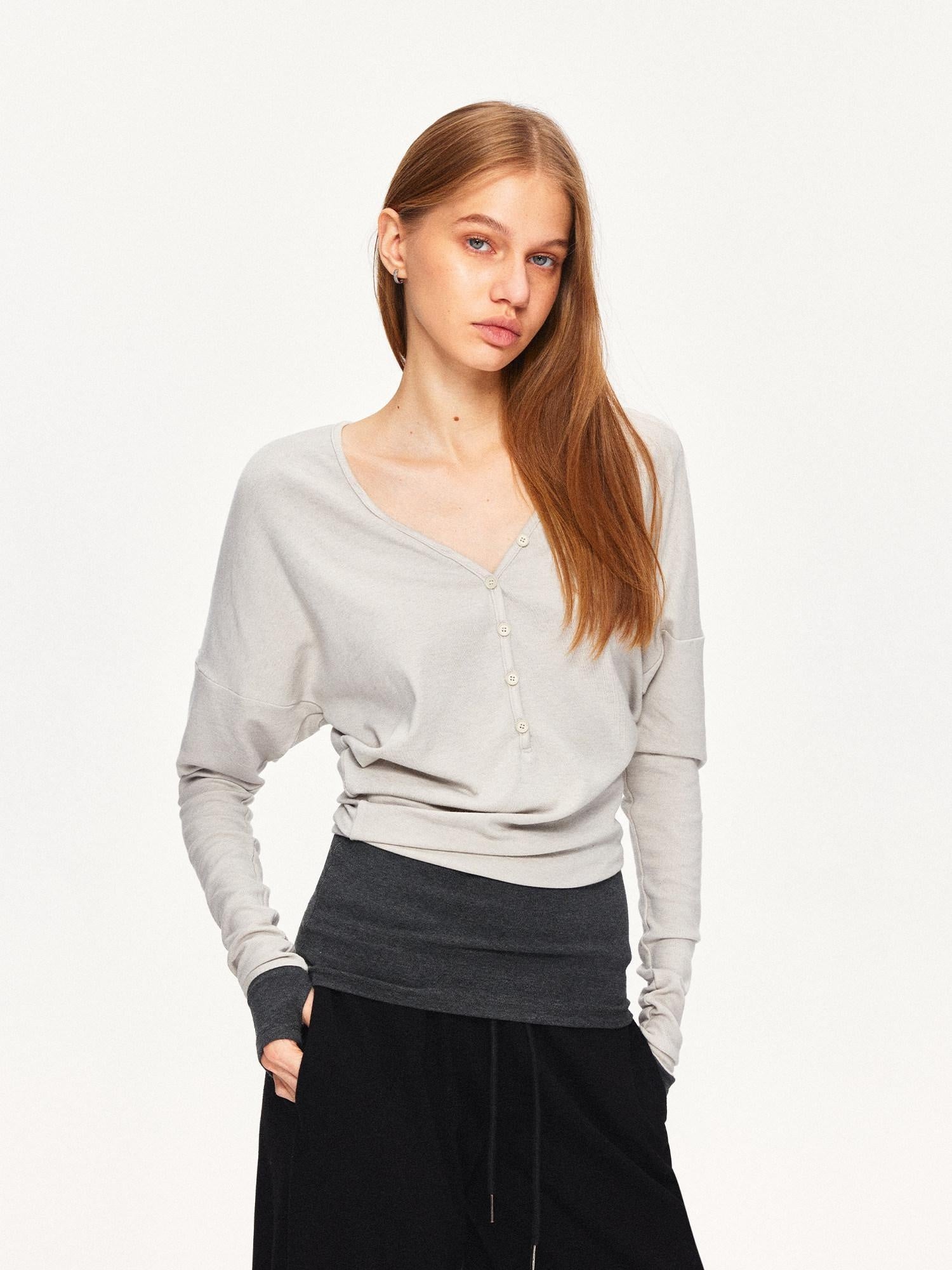 kvkv Breathable V Neck Patchwork Sport Long Sleeve Standard Fit Light Gray T-Shirt