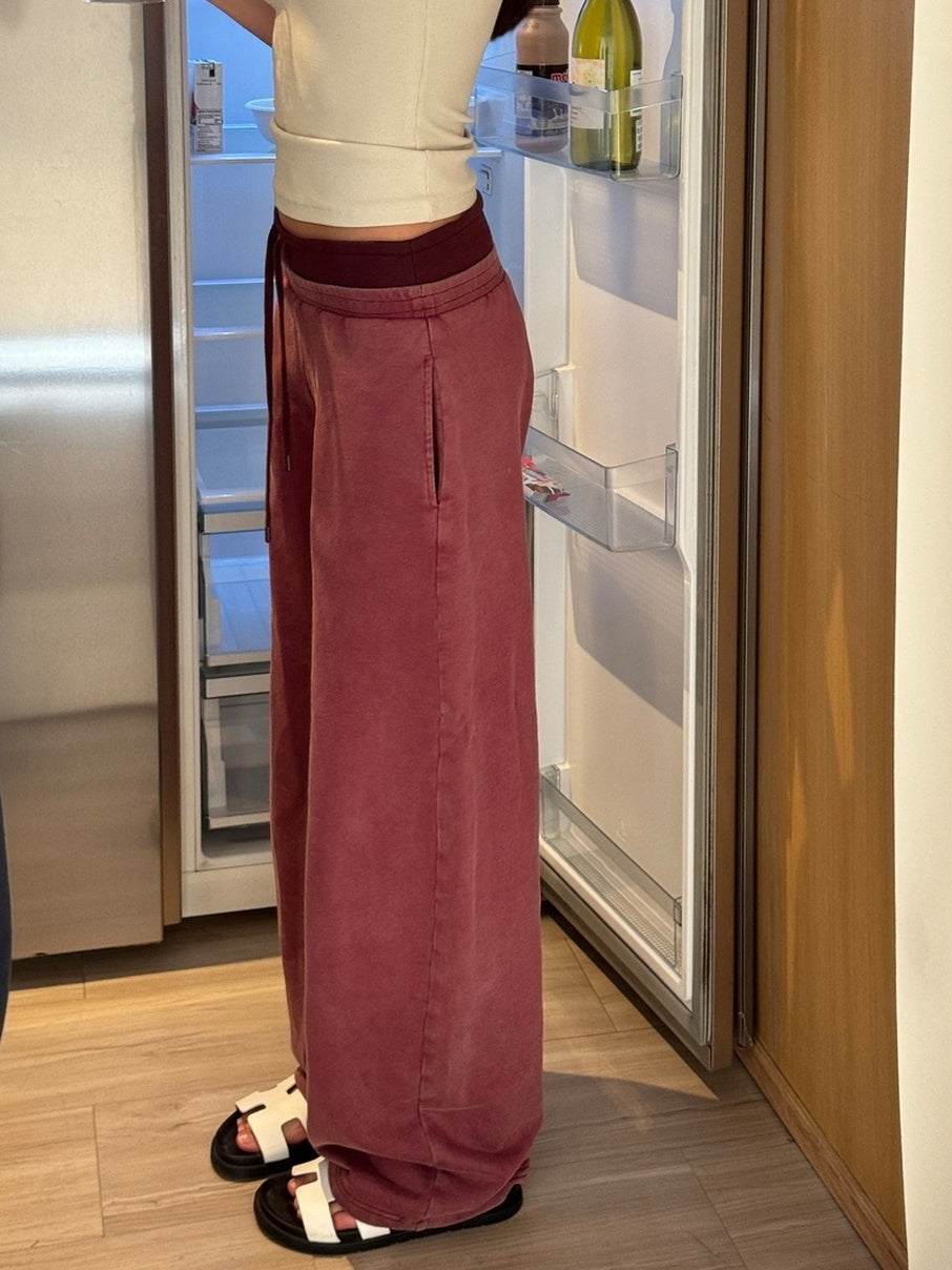 kvkv Burgundy Cotton Drawstring Wide Leg Natural Waist Sporty Womens Pants
