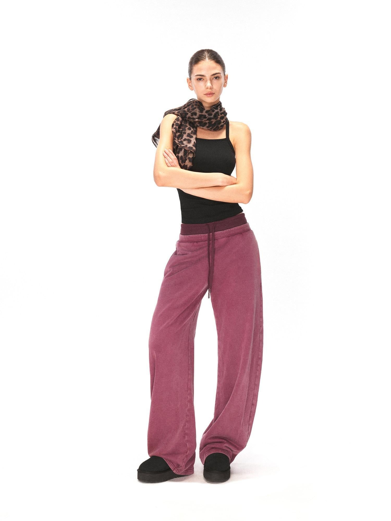 kvkv Burgundy Cotton Drawstring Wide Leg Natural Waist Sporty Womens Pants