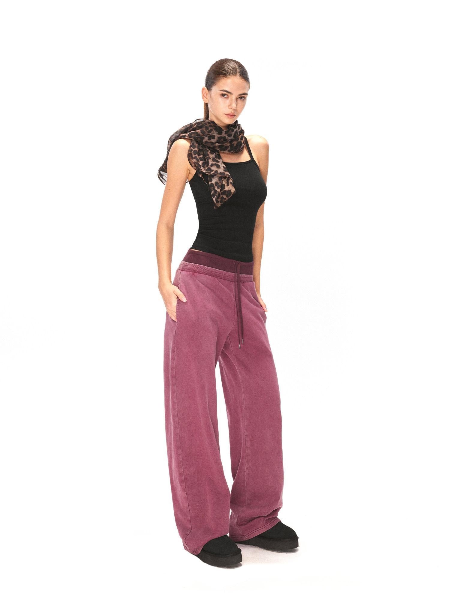 kvkv Burgundy Cotton Drawstring Wide Leg Natural Waist Sporty Womens Pants