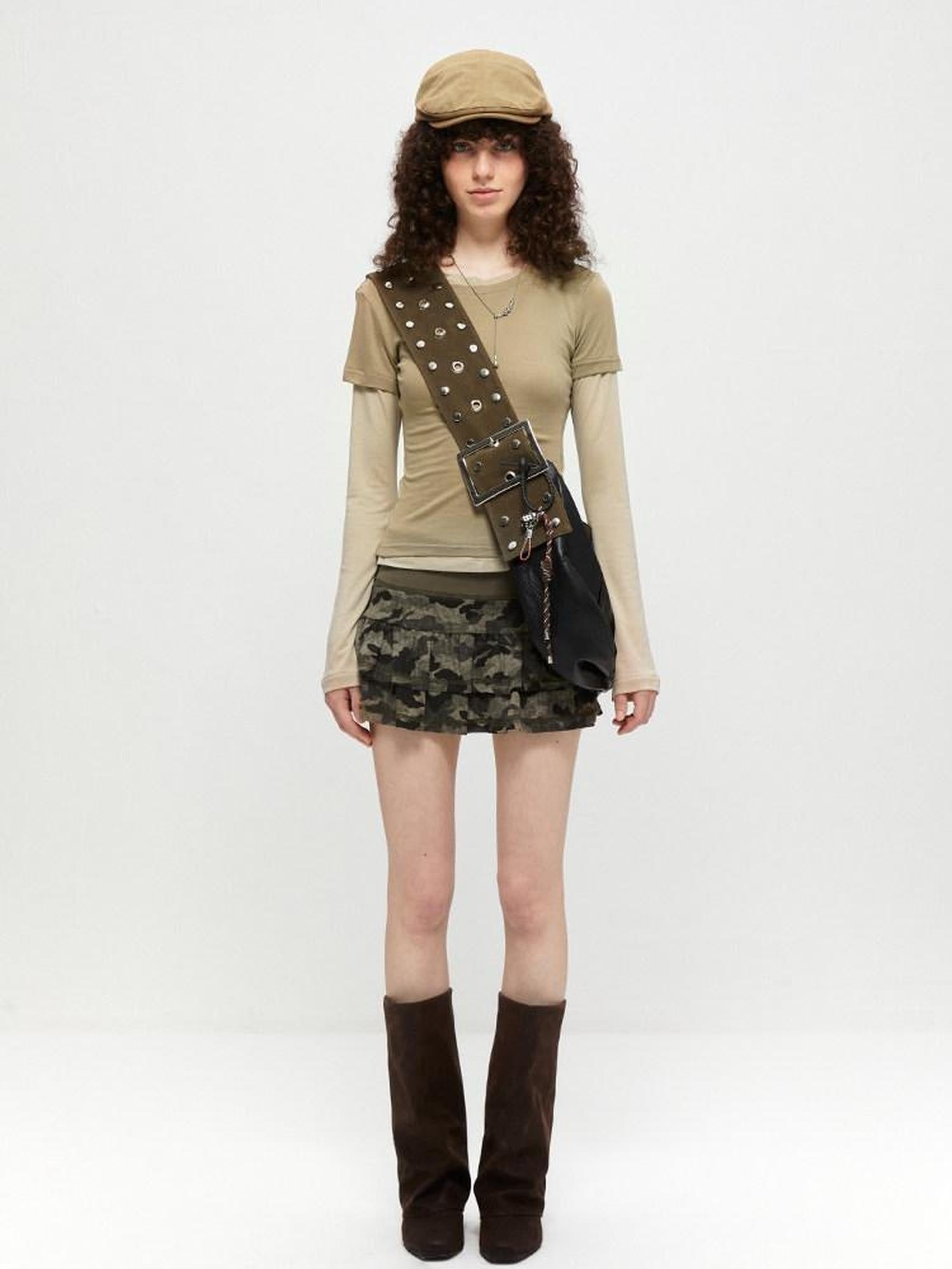 kvkv Camo Print Built In Safety Shorts Street Mid Rise Cotton Stretch Mini Skirt