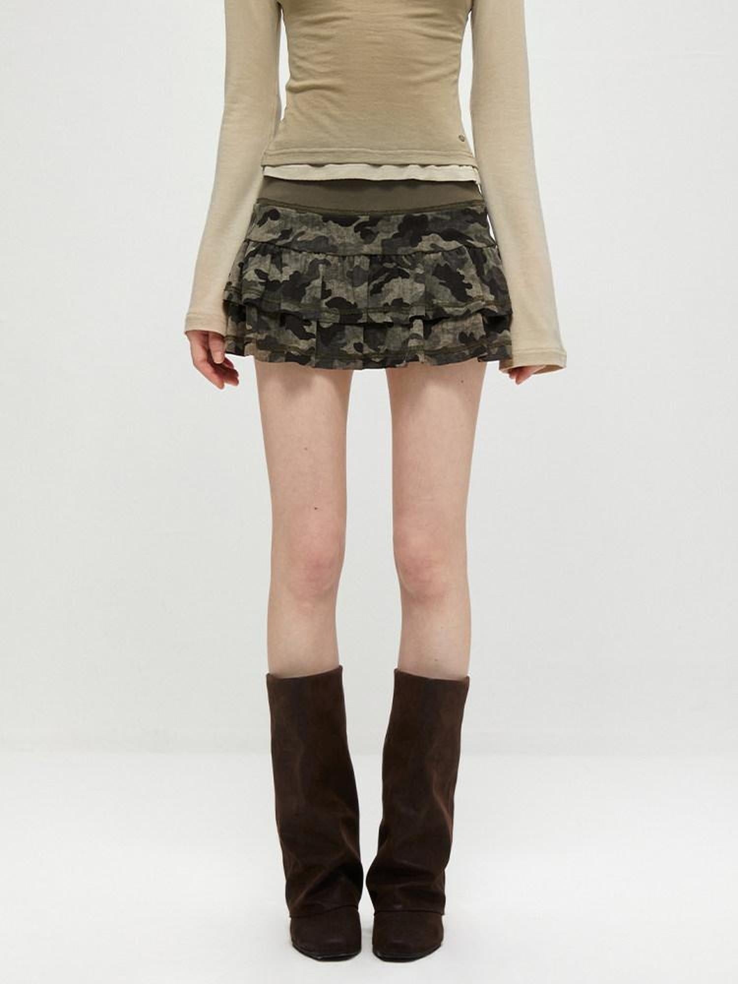 kvkv Camo Print Built In Safety Shorts Street Mid Rise Cotton Stretch Mini Skirt