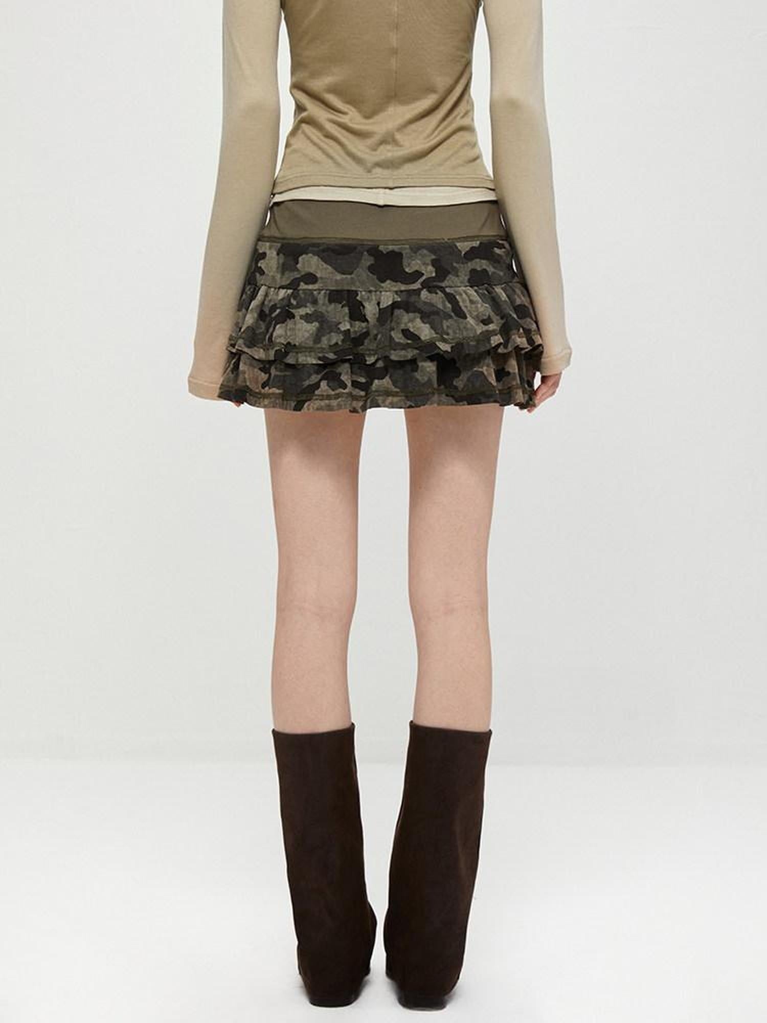 kvkv Camo Print Built In Safety Shorts Street Mid Rise Cotton Stretch Mini Skirt