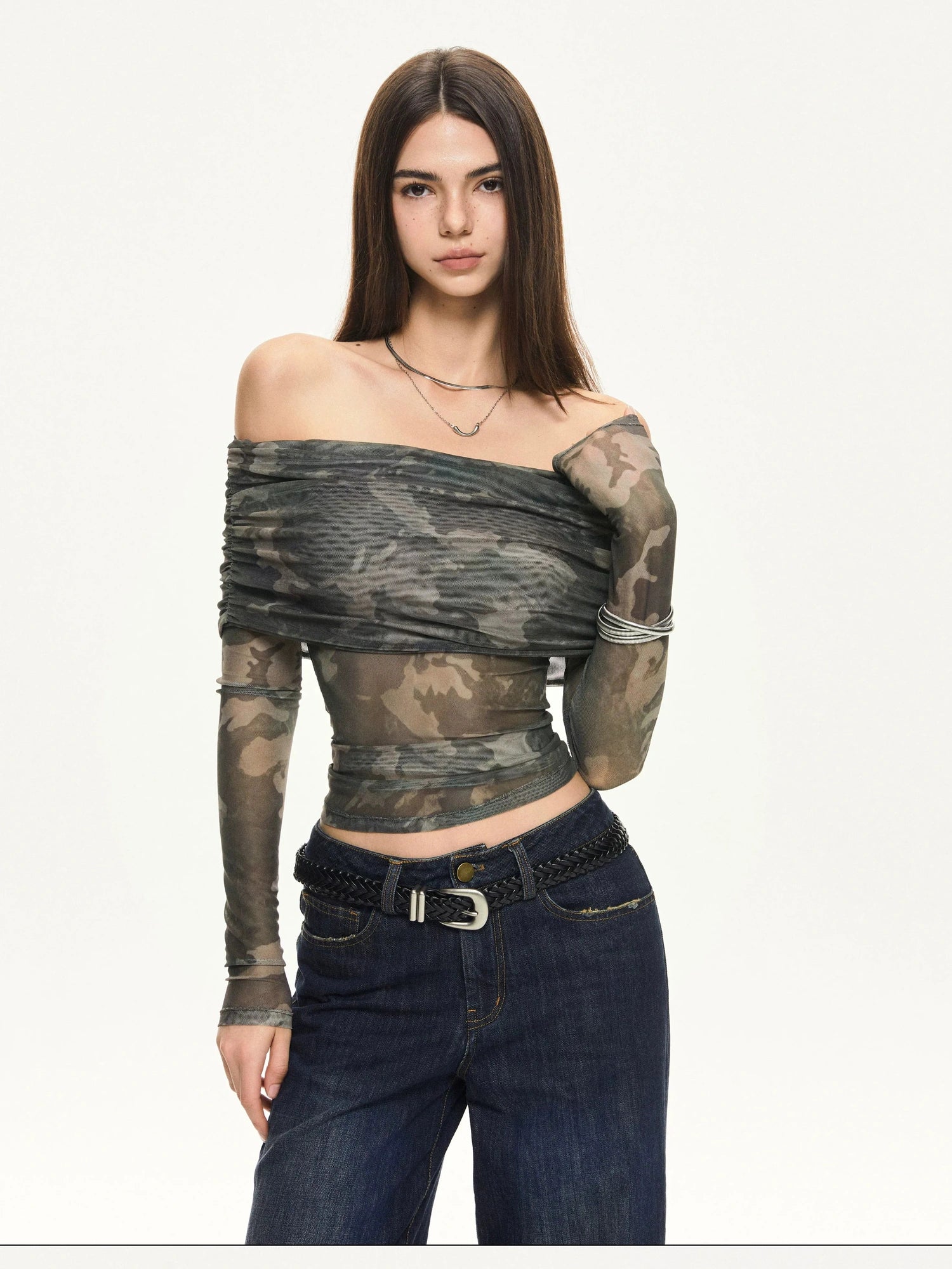 KVKV Yoga Clothing Brand - Camouflage Mesh Off Shoulder Top