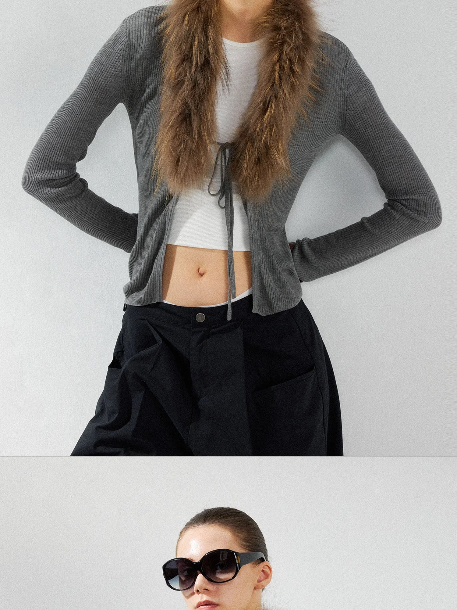 kvkv Cashmere Blend Gray Knit Cardigan With Detachable Raccoon Fur Collar