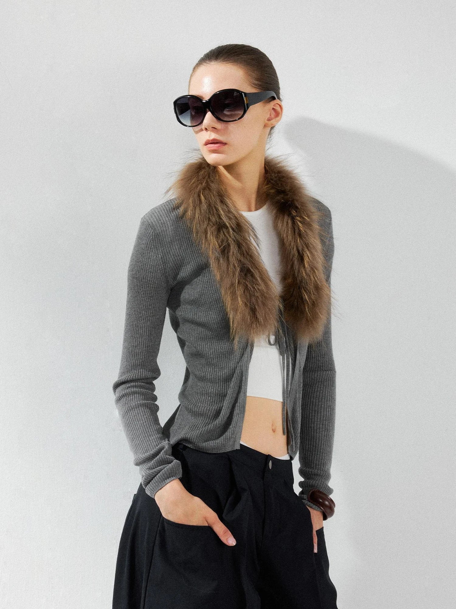 kvkv Cashmere Blend Gray Knit Cardigan With Detachable Raccoon Fur Collar