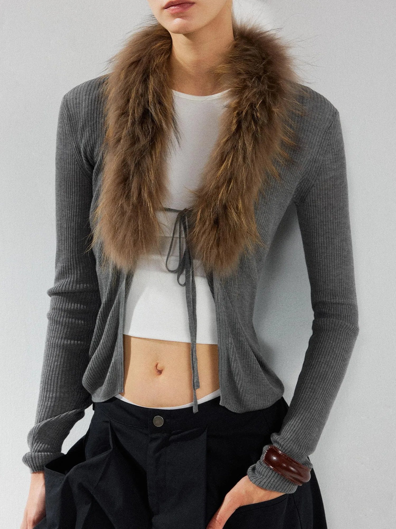 kvkv Cashmere Blend Gray Knit Cardigan With Detachable Raccoon Fur Collar