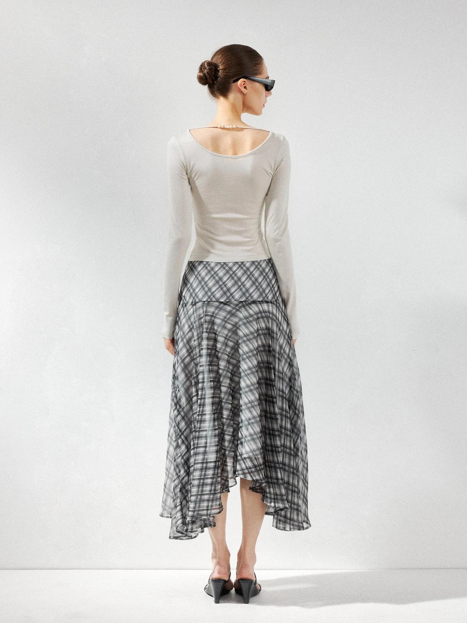 kvkv Checkered Asymmetrical Hem Flowy Skirt