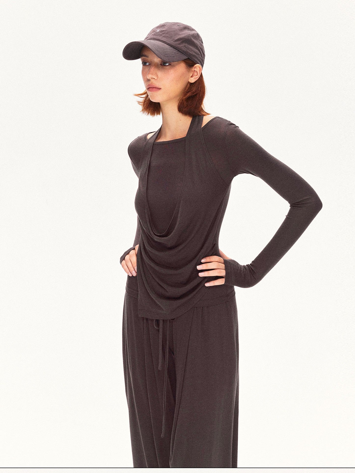 kvkv Coffee Brown Faux Layered Drape Neck Women&