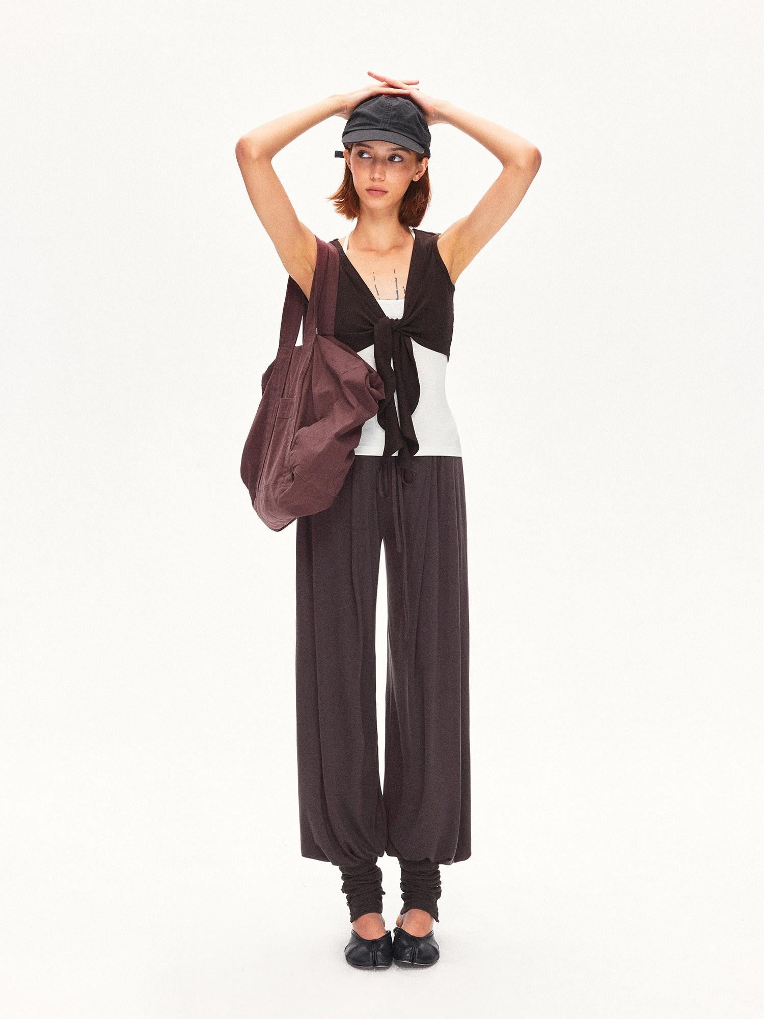 kvkv Contrast Layered U Neck Racerback Tie Cardigan Two Piece Women&