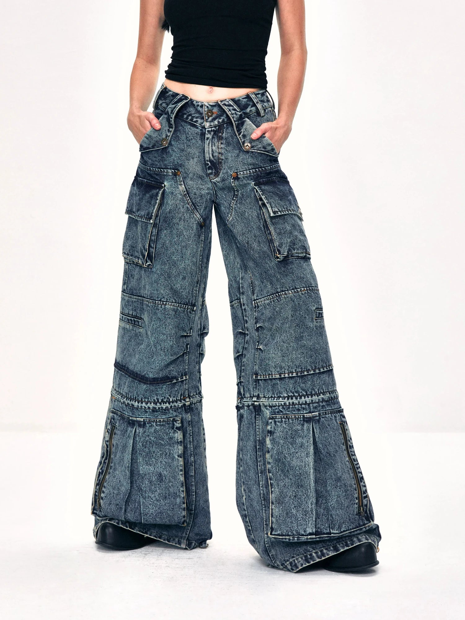 kvkv Convertible Washed Cargo Capri Jeans