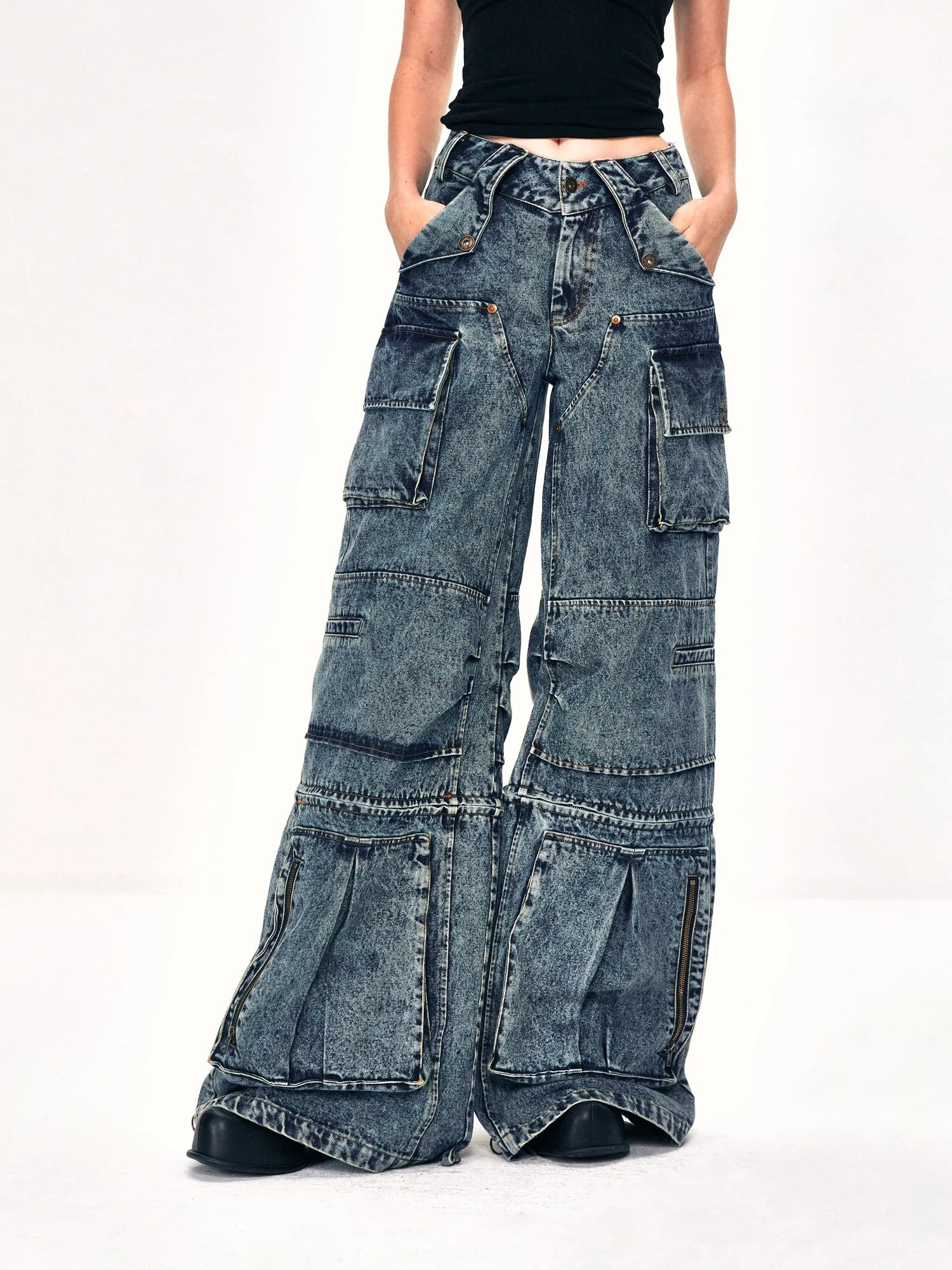 kvkv Convertible Washed Cargo Capri Jeans