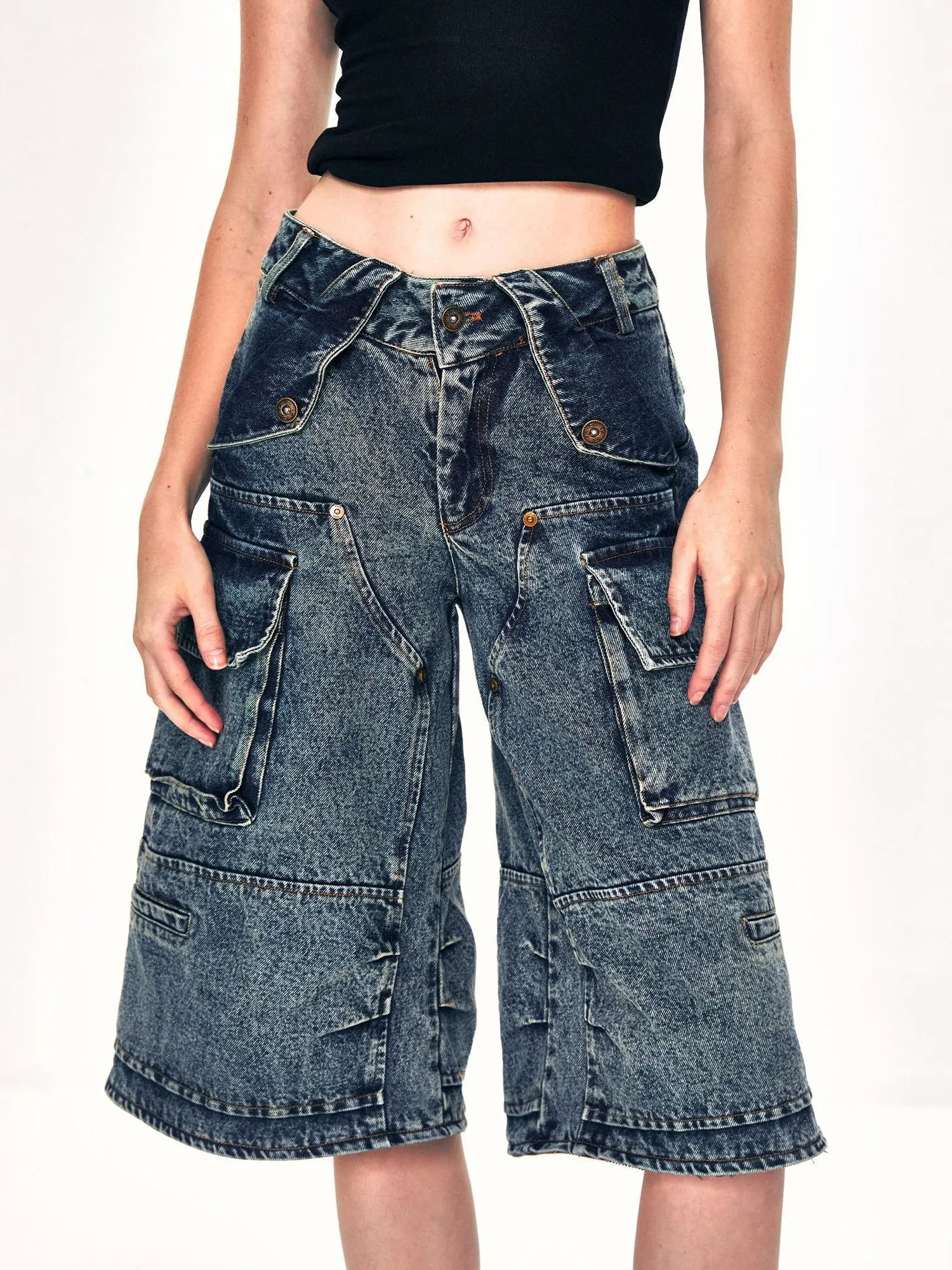 kvkv Convertible Washed Cargo Capri Jeans