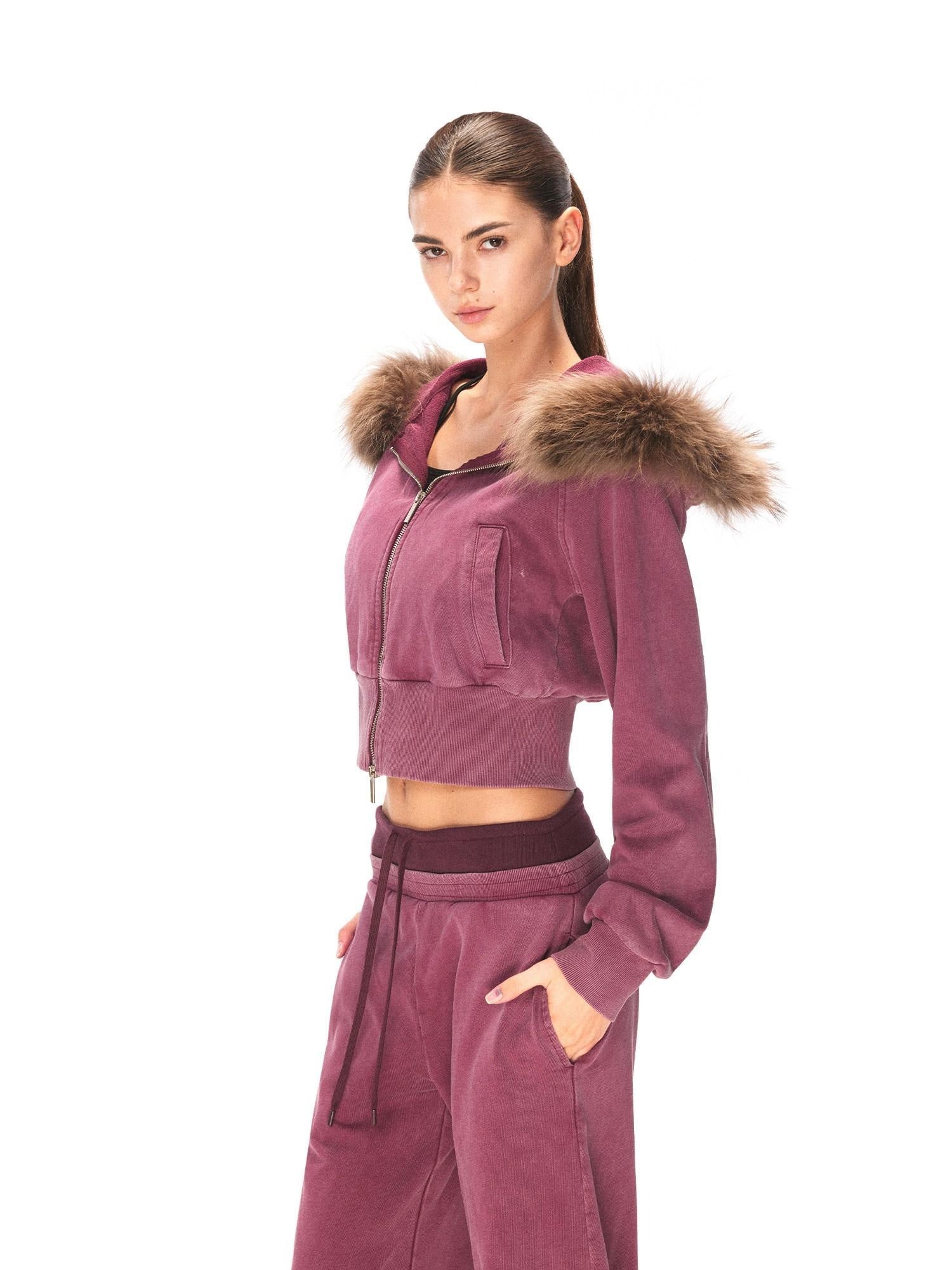 kvkv Cotton Zip Up Loose Cropped Hooded Long Sleeve Sport For Women Burgundy Hoodies