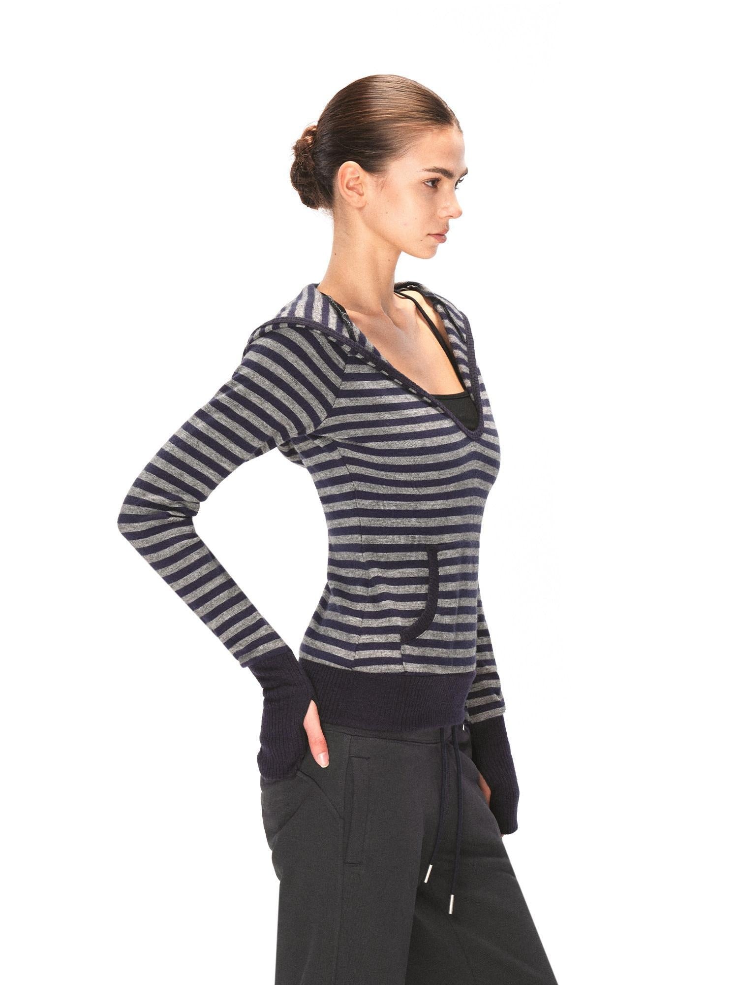 kvkv Cozy Acrylic Blend Slim Fit V Neck Hooded Pullover Striped Navy Gray Hoodies